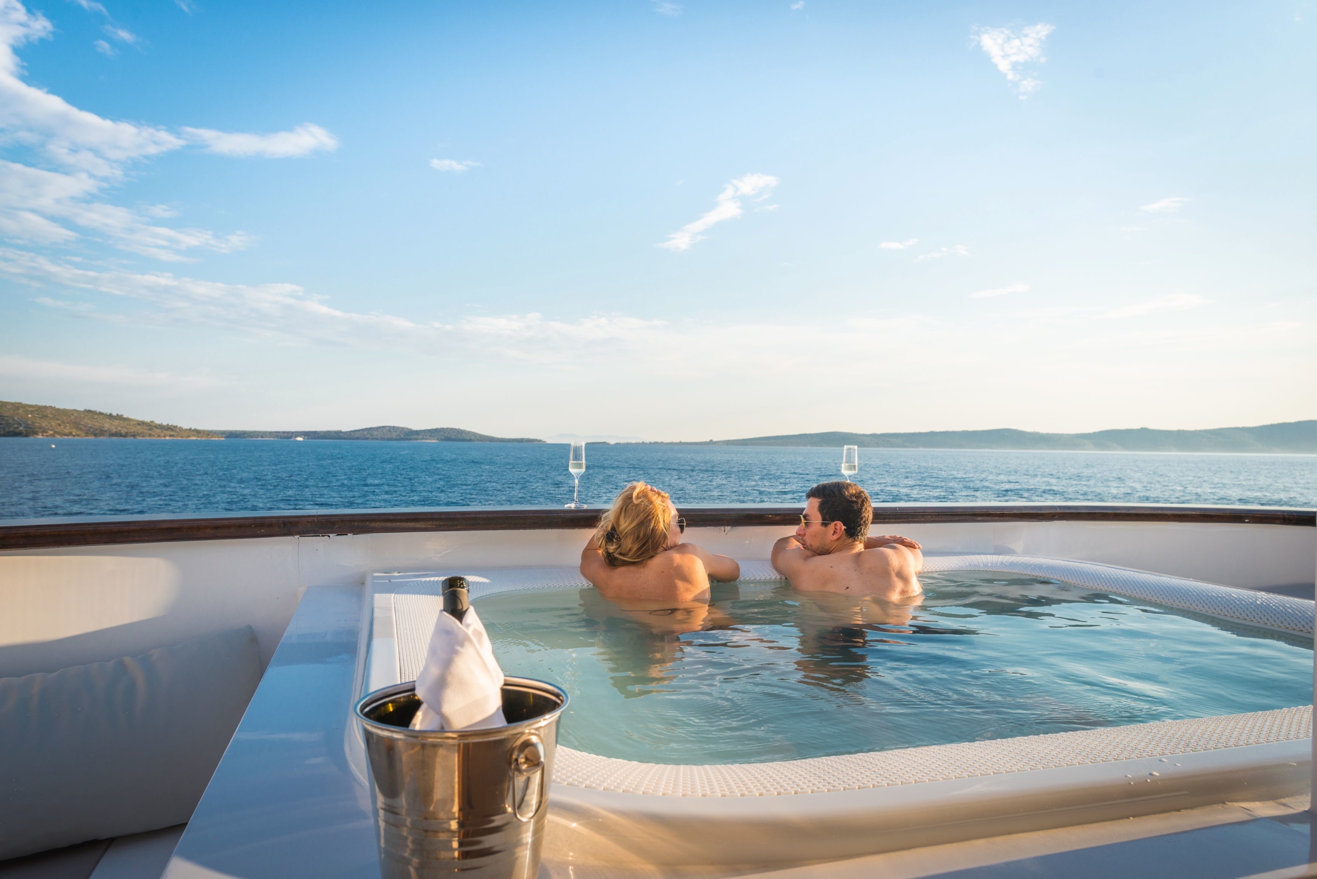 What can you expect on your yachting trip? Prepare to dine on delicious catered meals, and unwind in your personal hot tub while you cruise around beautiful islands and beaches along Croatia's Adriatic coastline. 