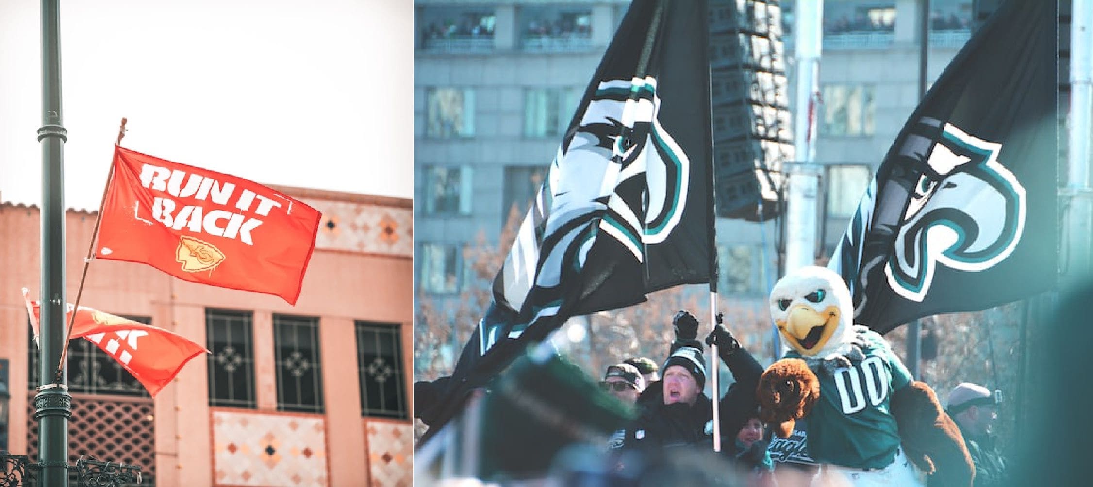 A photo of Kansas City Chiefs flag and of the Philadelphia Eagles flag for the Super Bowl.