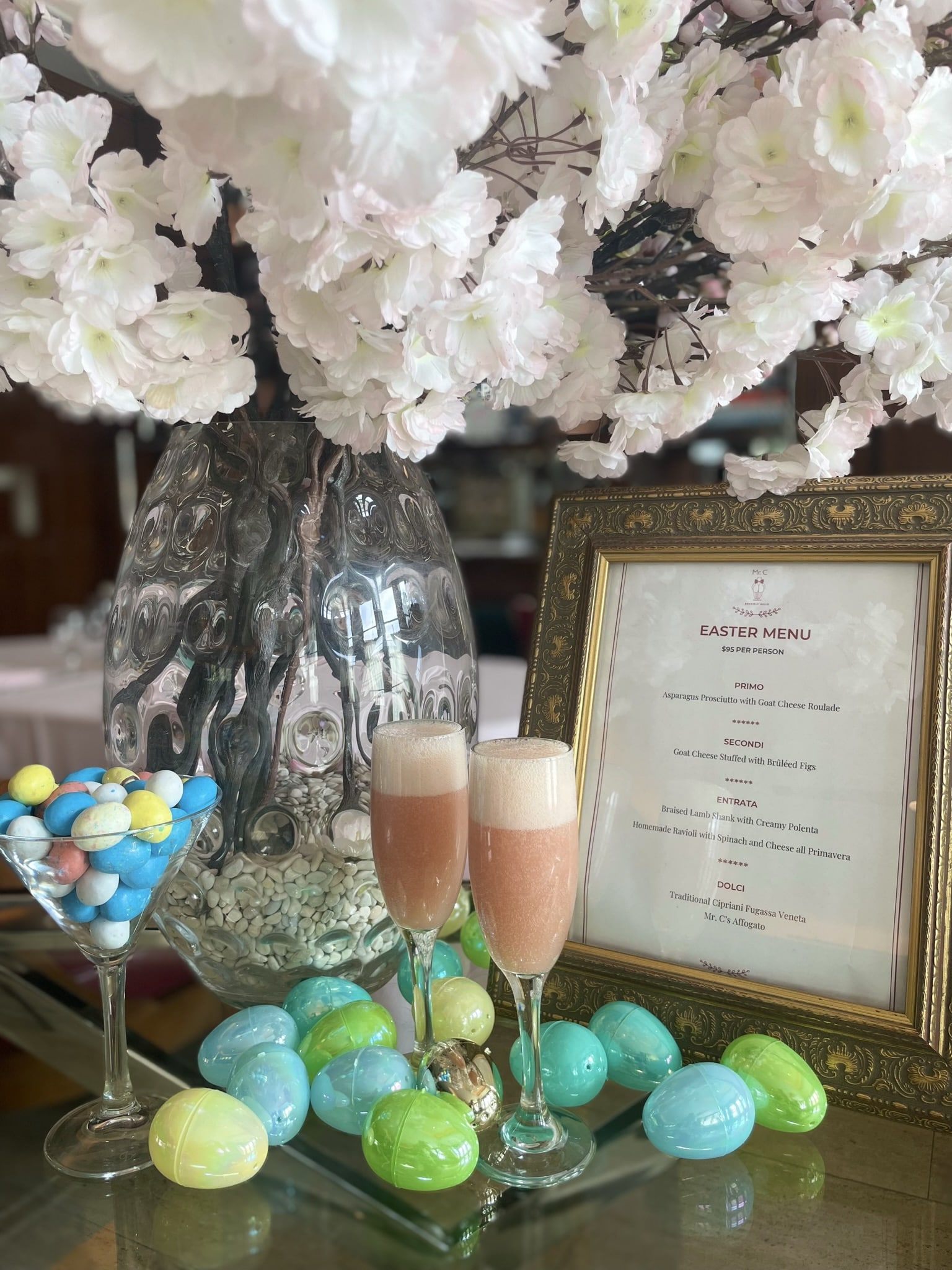 An image of Easter eggs and cocktails at the Restaurant at Mr. C Beverly Hills.