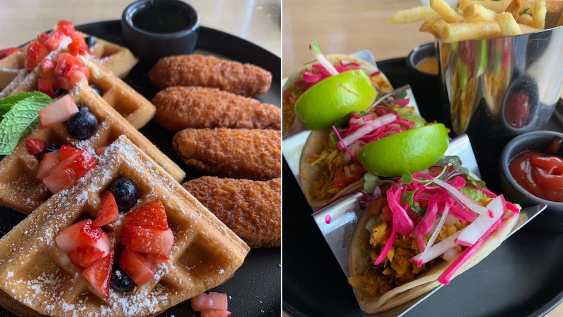A photo of the Vegan Breakfast Tacos and Vegan Chicken & Waffles from Stache.