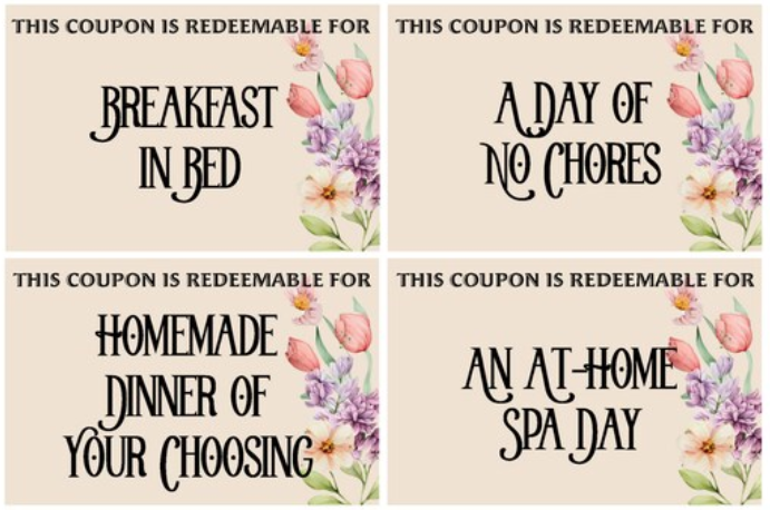 An image of coupons from the Mother's Day coupon book.