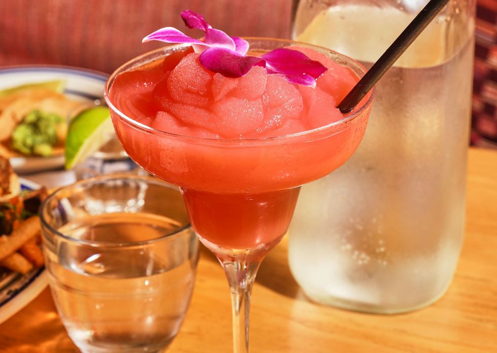 An image of a frozen strawberry margarita from El Granjero Cantina