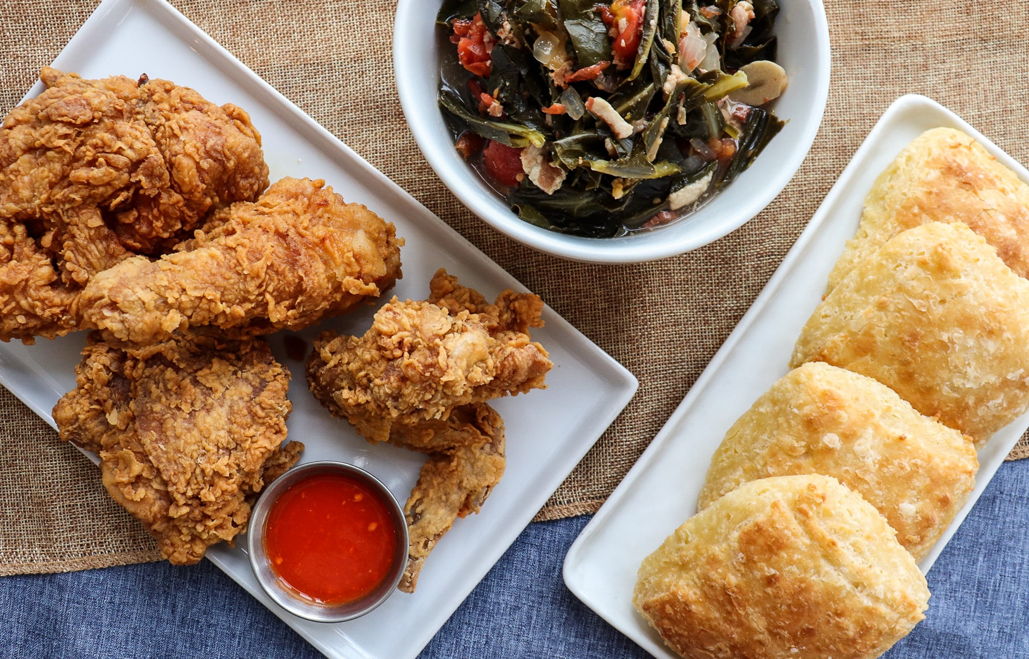 An image of Huckleberry's Fried Chicken, collard greens, and biscuits for Friday's supper.