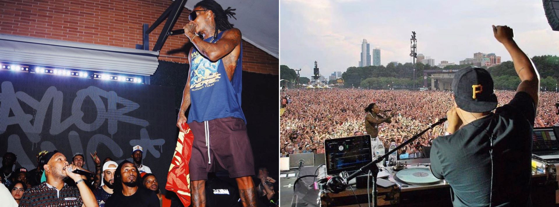 Two images of Wiz Khalifa and DJ Bonics at concerts.