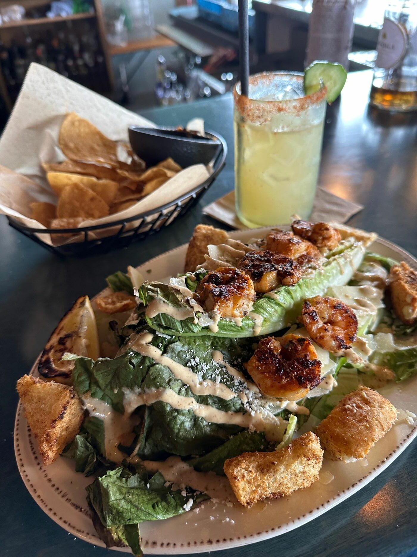 An image of the Caesar Salad with Shrimp and Spicy Margarita from Tamarindo Del Mar.