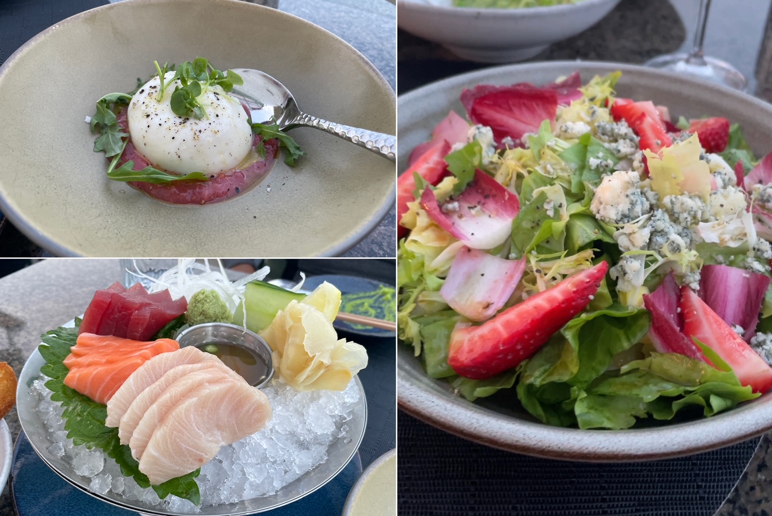 An image of a three dishes from the Roooftop by JG - burrata, sashimi, and strawberry and blue cheese salad.
