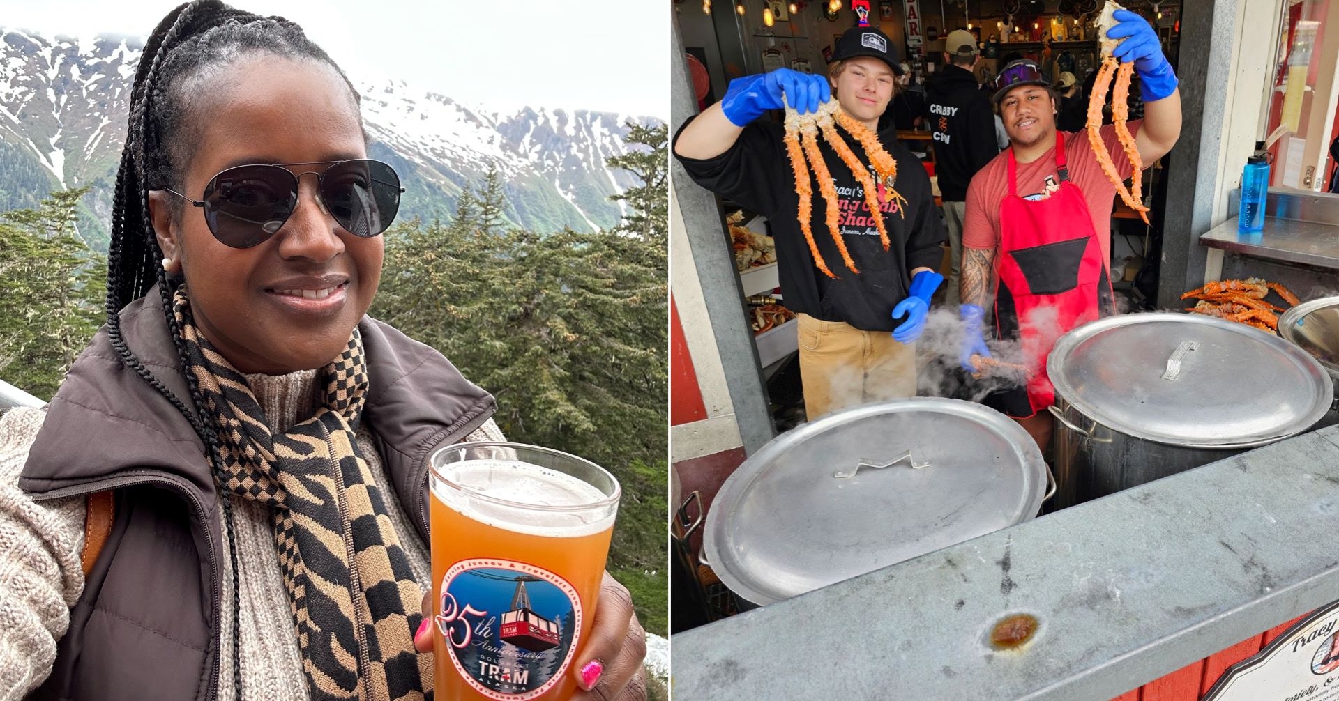 An image of Ariel holding a pint of beer  with snow-capped mountains behind her, and an image of two men holding king crab legs at Tracy's King Crab Shack. 