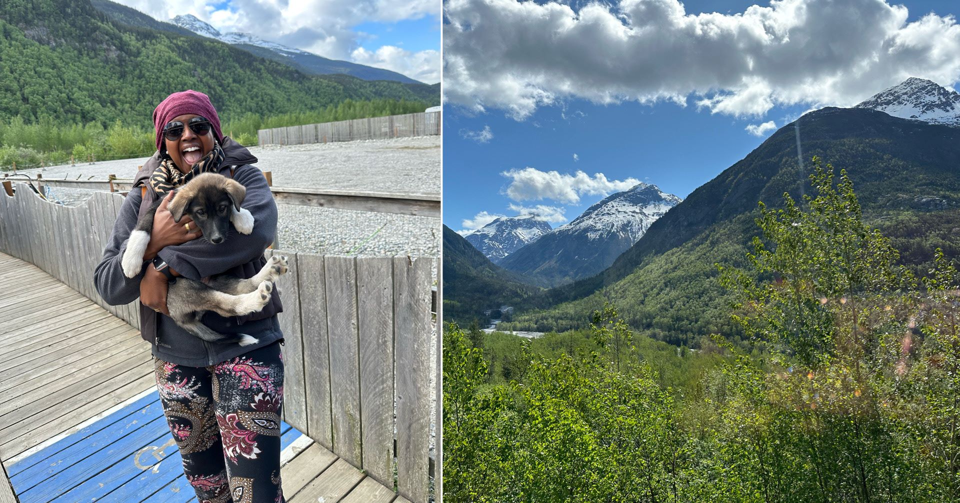 An image of Ariel holding a puppy next to a photo of lush greenery and snow-capped mountains in the background.