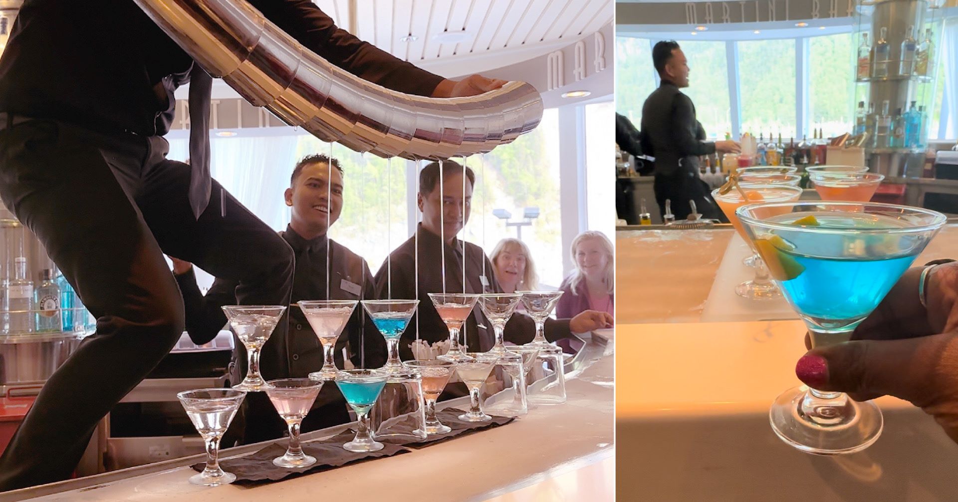 An image of the Martini Bar show and Ariel holding a mini martini.