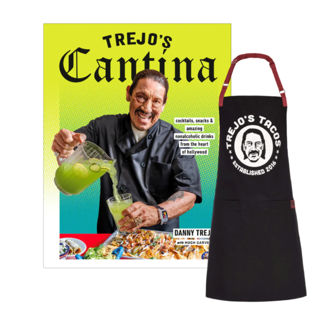 An image of Danny Trejo's Trejo's Cantina cookbook, and a Trejo's Tacos Apron