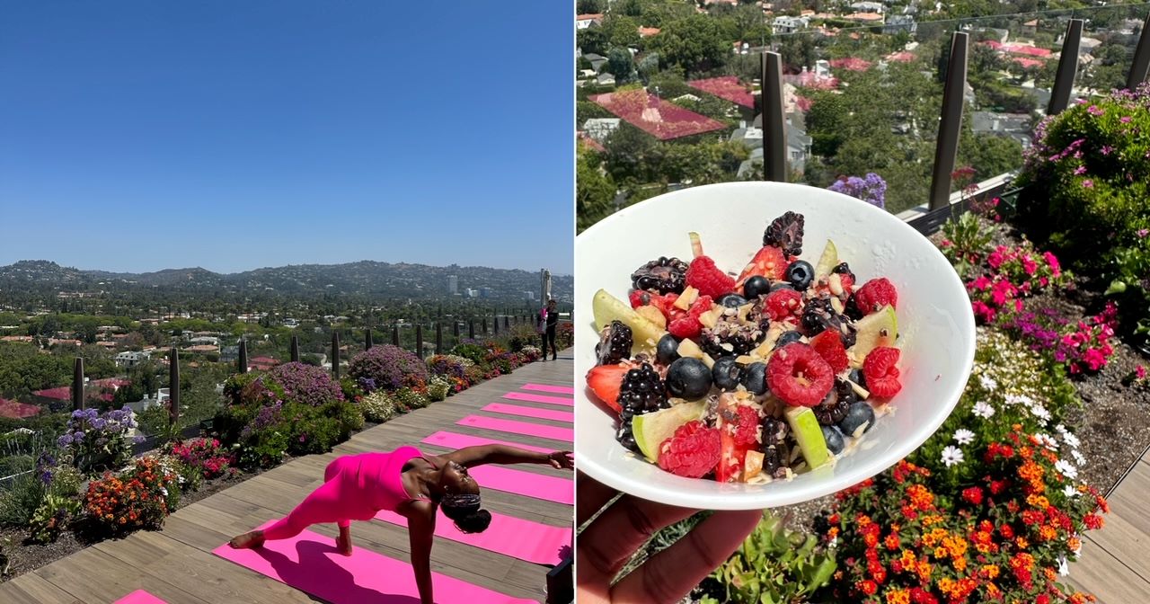 An image of Ariel in a yoga pose on the Waldorf rooftop and a chia bowl with fruit.