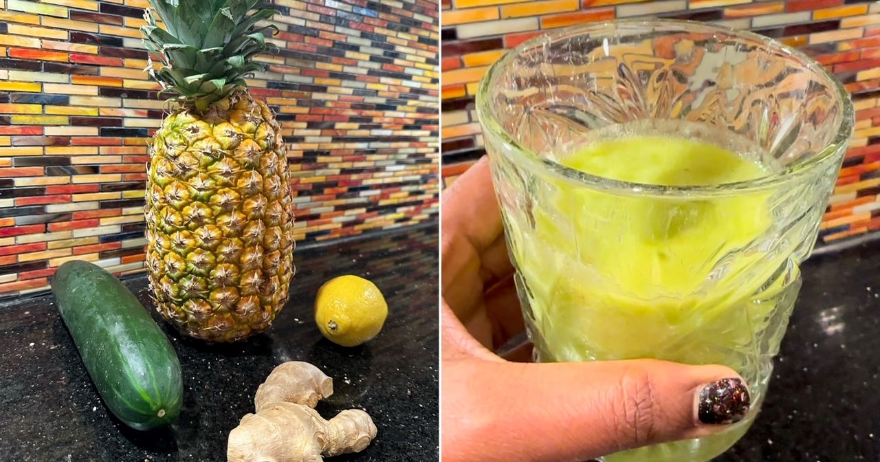 An image of the pineapple, cucumber, lemon, and ginger drink, and the actual drink.