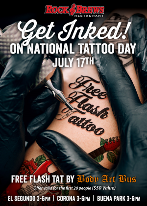 An image of the Rock & Brews free tattoo flyer for National Tattoo Day.