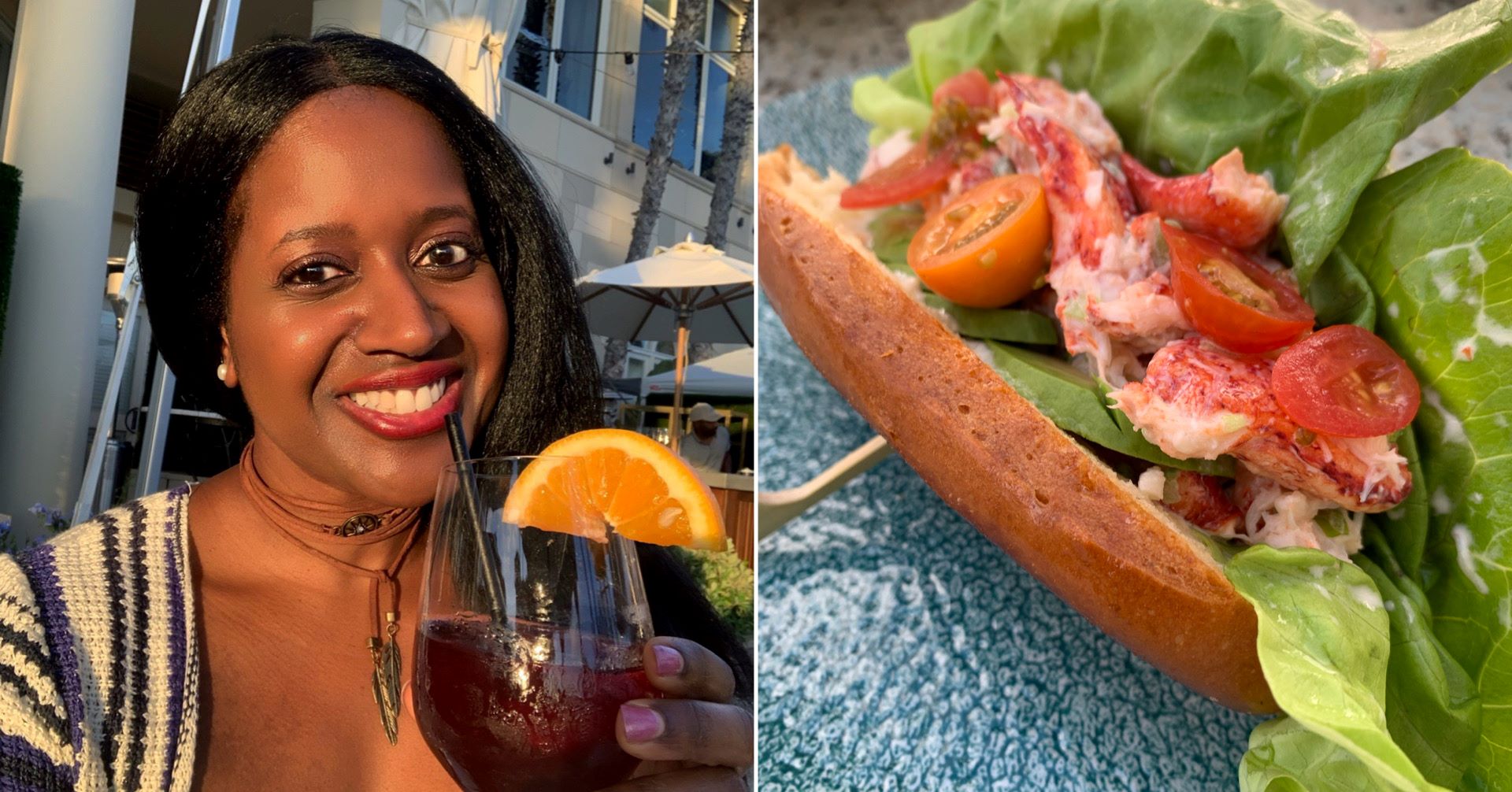 An image of a woman holding a glass of sangria and a lobster roll on the other side. 