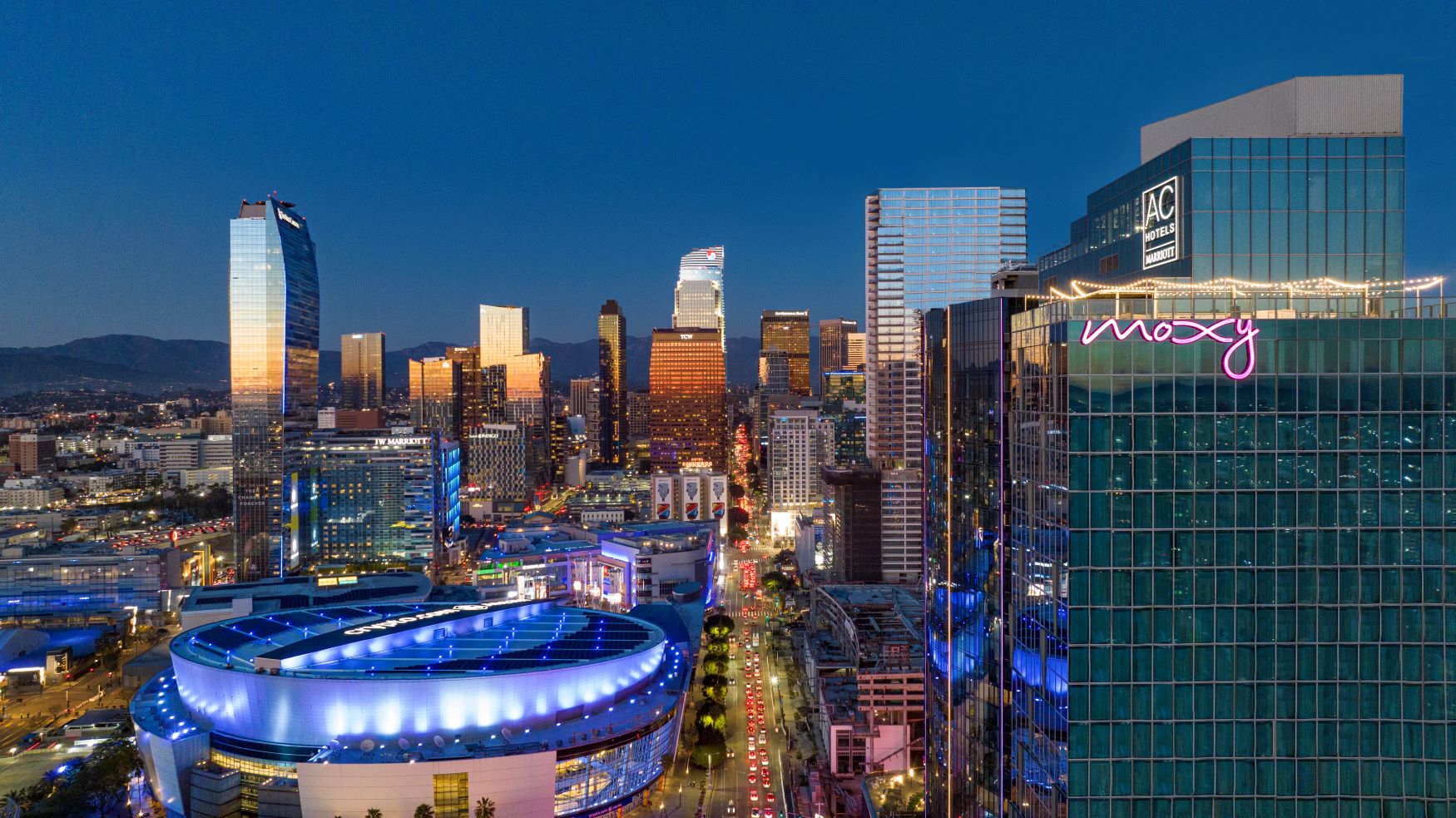 An image of the Moxy Hotel and the DTLA landscape.