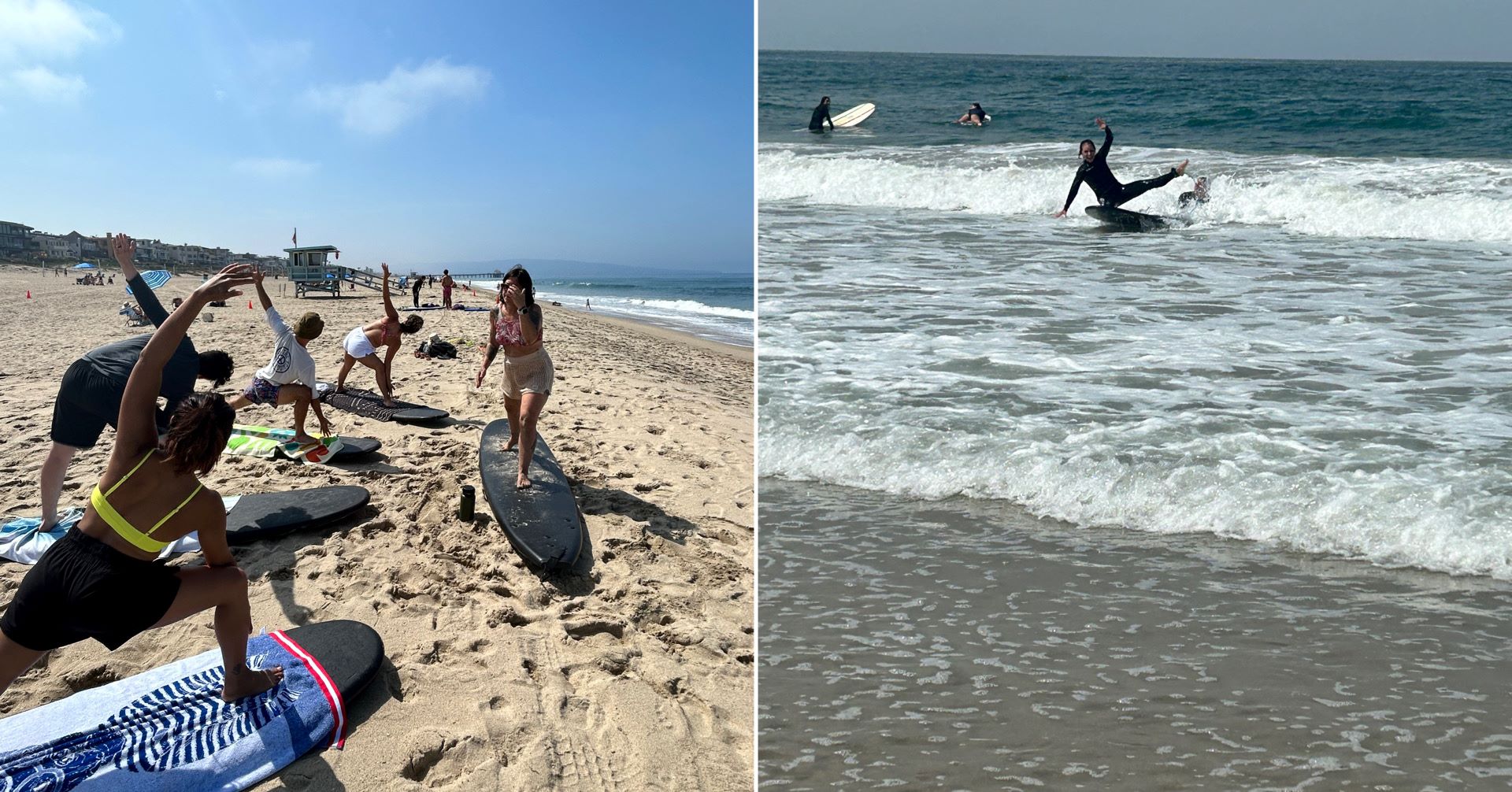 An image of beach yoga and a woman surfing.