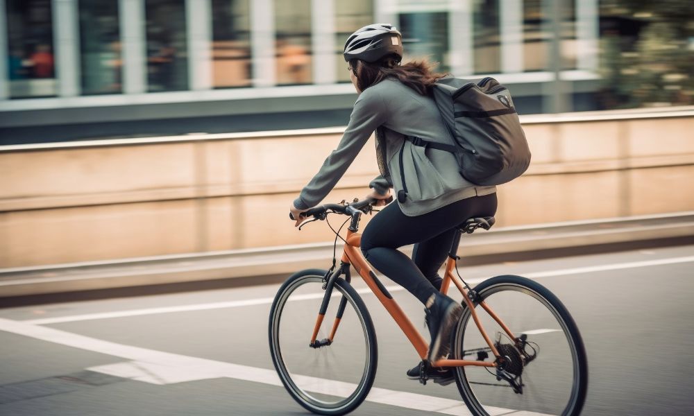 An image of a woman biking on a bicycle in a city. 
