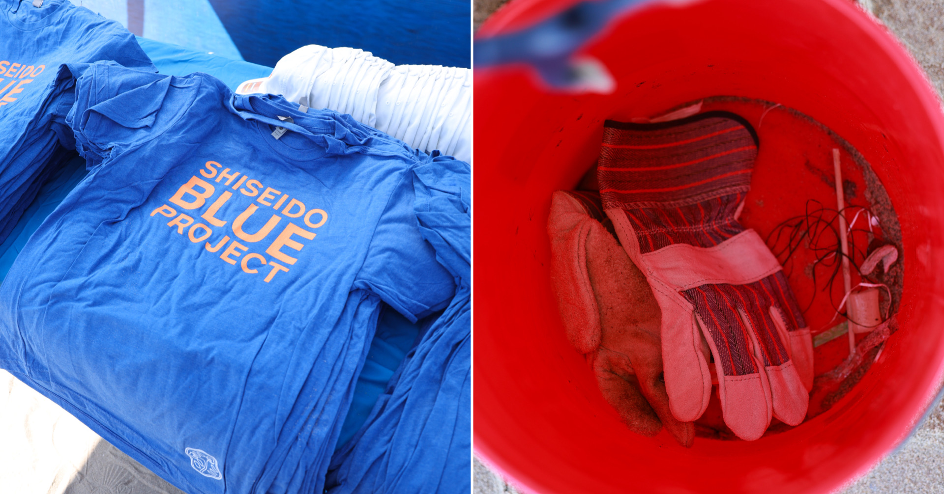 An image of the Shiseido Blue Project's shirts and clean-up gear.