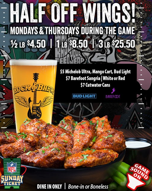 An image of the flyer for Rock & Brews football wing special.