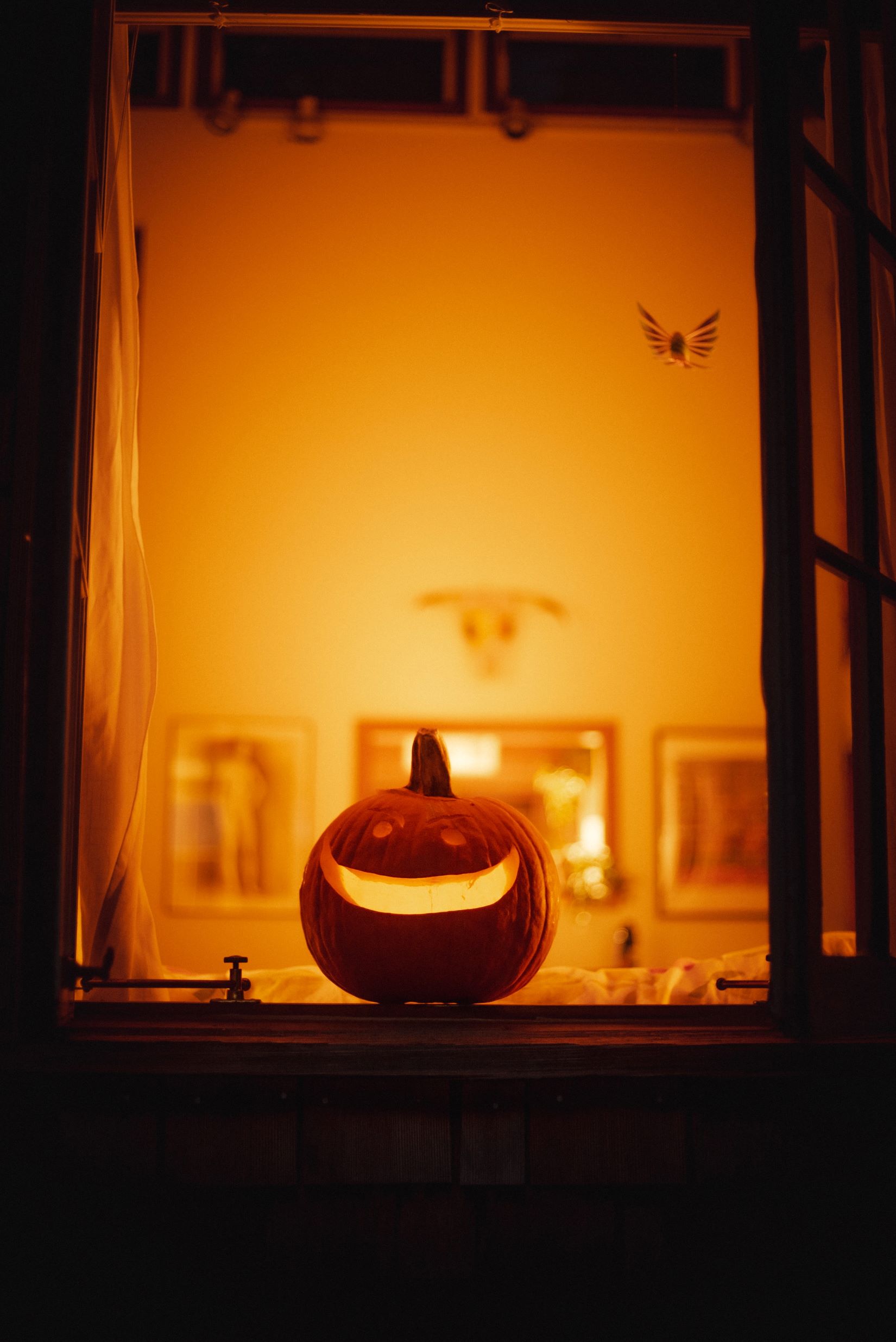 An image of a jack-o'-lantern in a window.