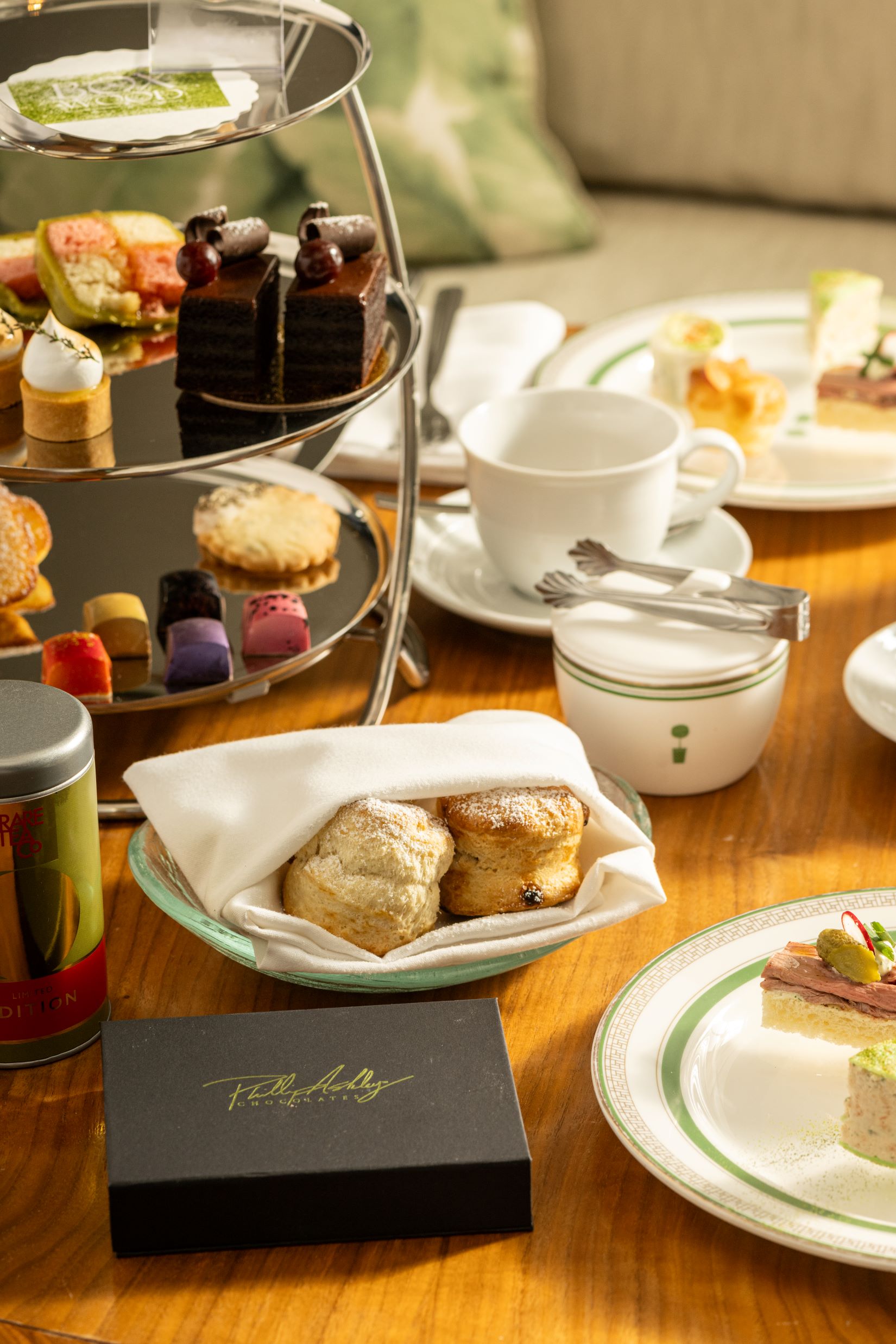 An image of the tea sandwiches, baked goods, tea, and Phillip Ashley Chocolates at the London West Hollywood at Beverly Hills.