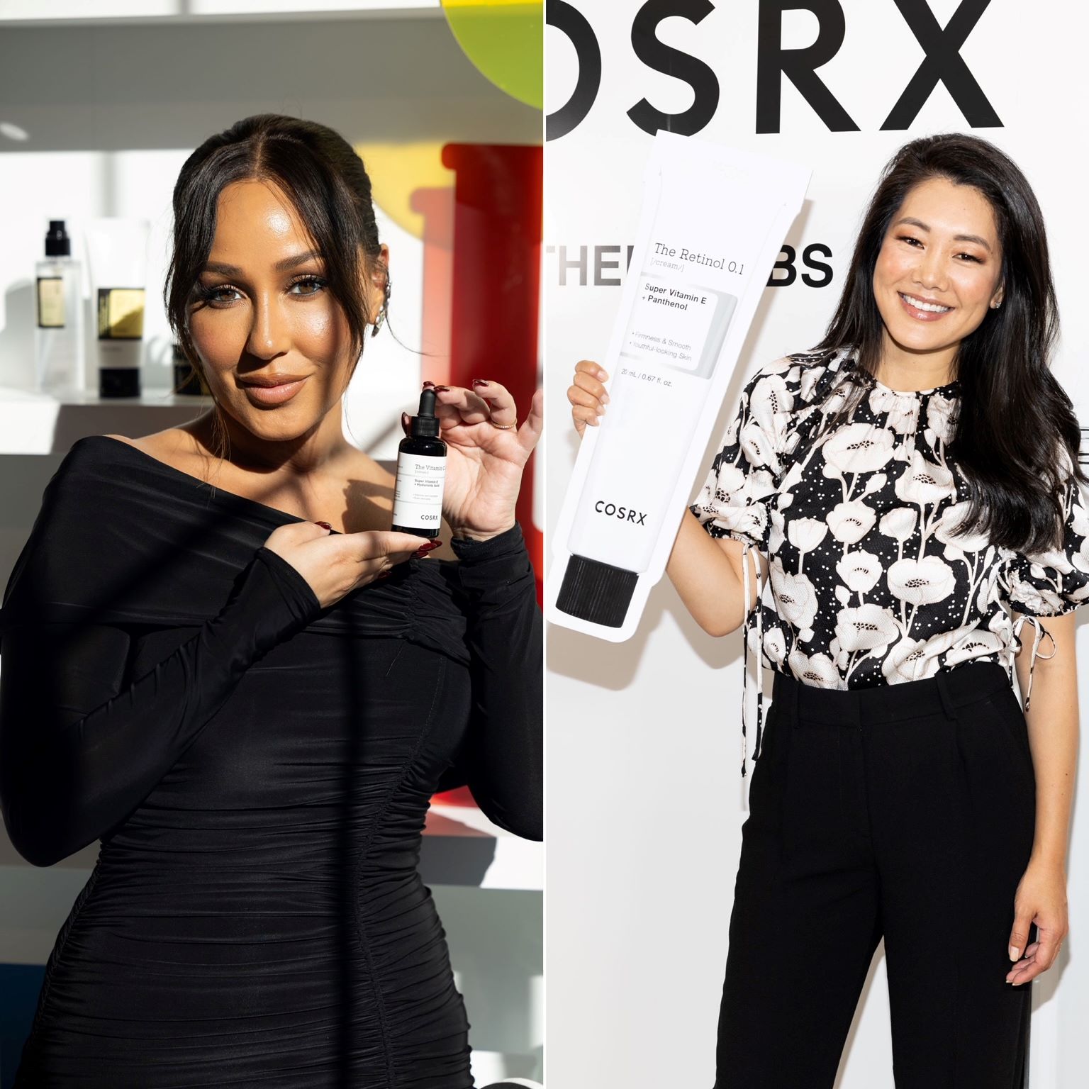 Two images of ( Adrienne Bailon-Houghton and (Crystal Kung Minkoff at the The RX Labs hosted by COSRX in Hollywood, CA. 
