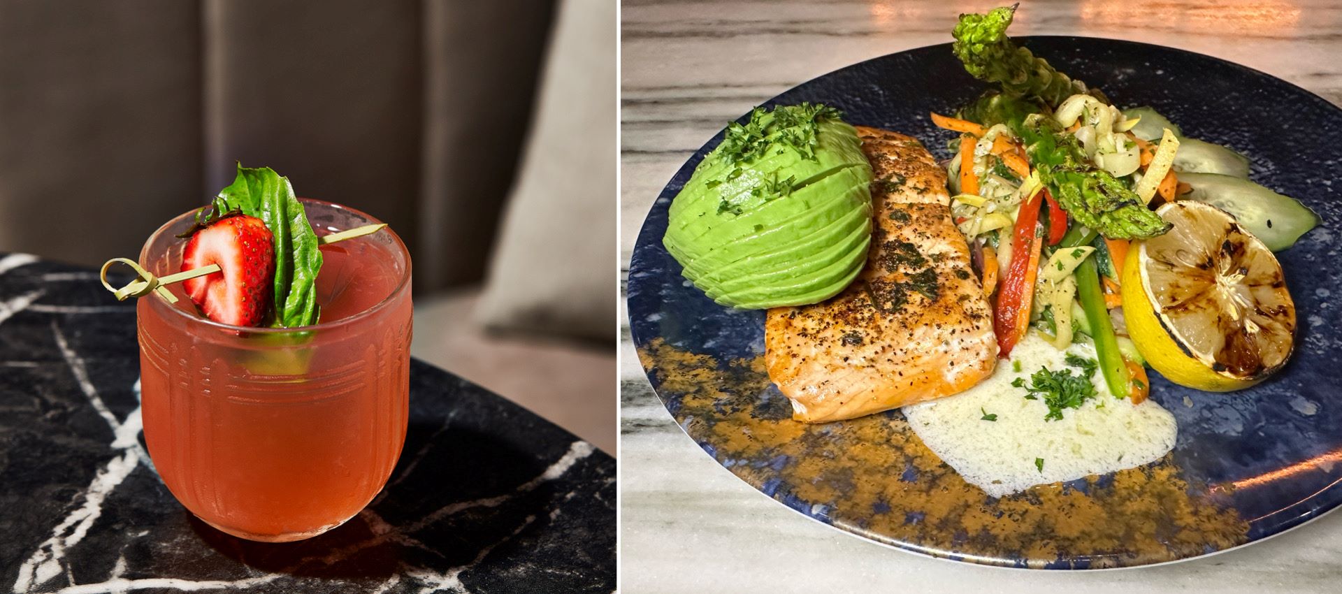 Four images of the Lyric restaurant and French Toast. Two other images of the Red Carpet Cocktail and Salmon from Agents Only. 