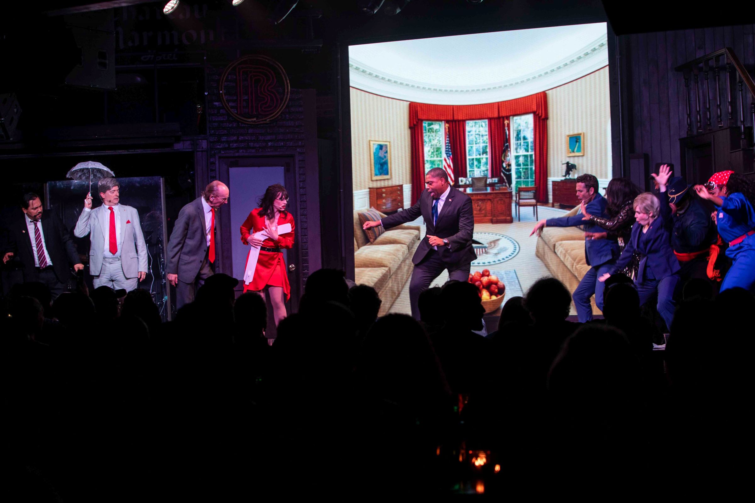 An image of the cast on stage at 44 – THE unOFFICIAL, unSANCTIONED OBAMA MUSICAL.