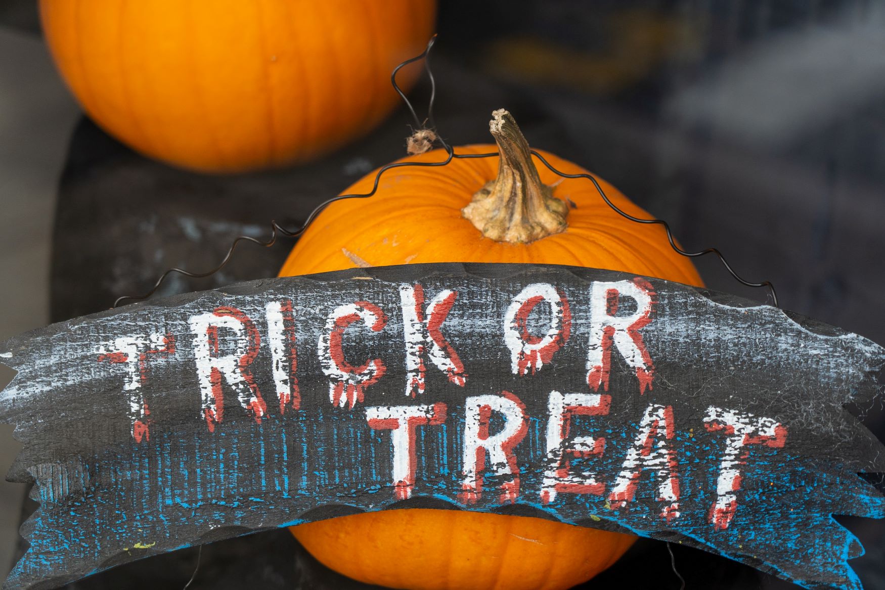 An image of pumpkins and a sign saying Trick Or Treat.