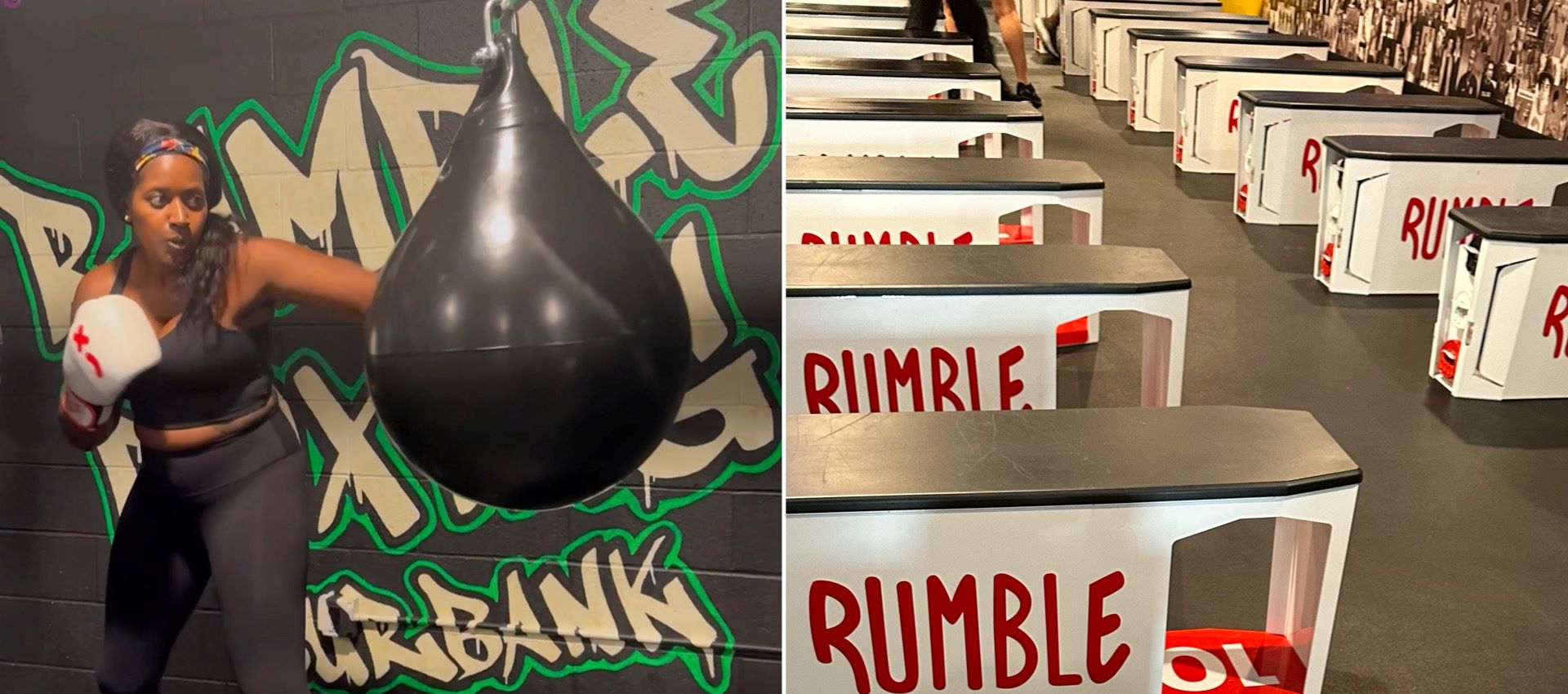 An image of a woman boxing next to gym benches with the Rumble logo.