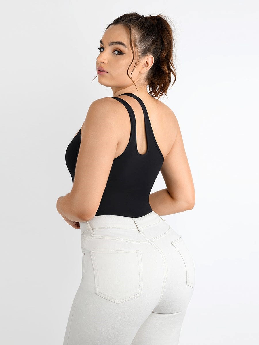 An image of Wholesale One-shoulder Cut Out Waist and Abdomen Compression Shapewear Bodysuit by Waistdear.