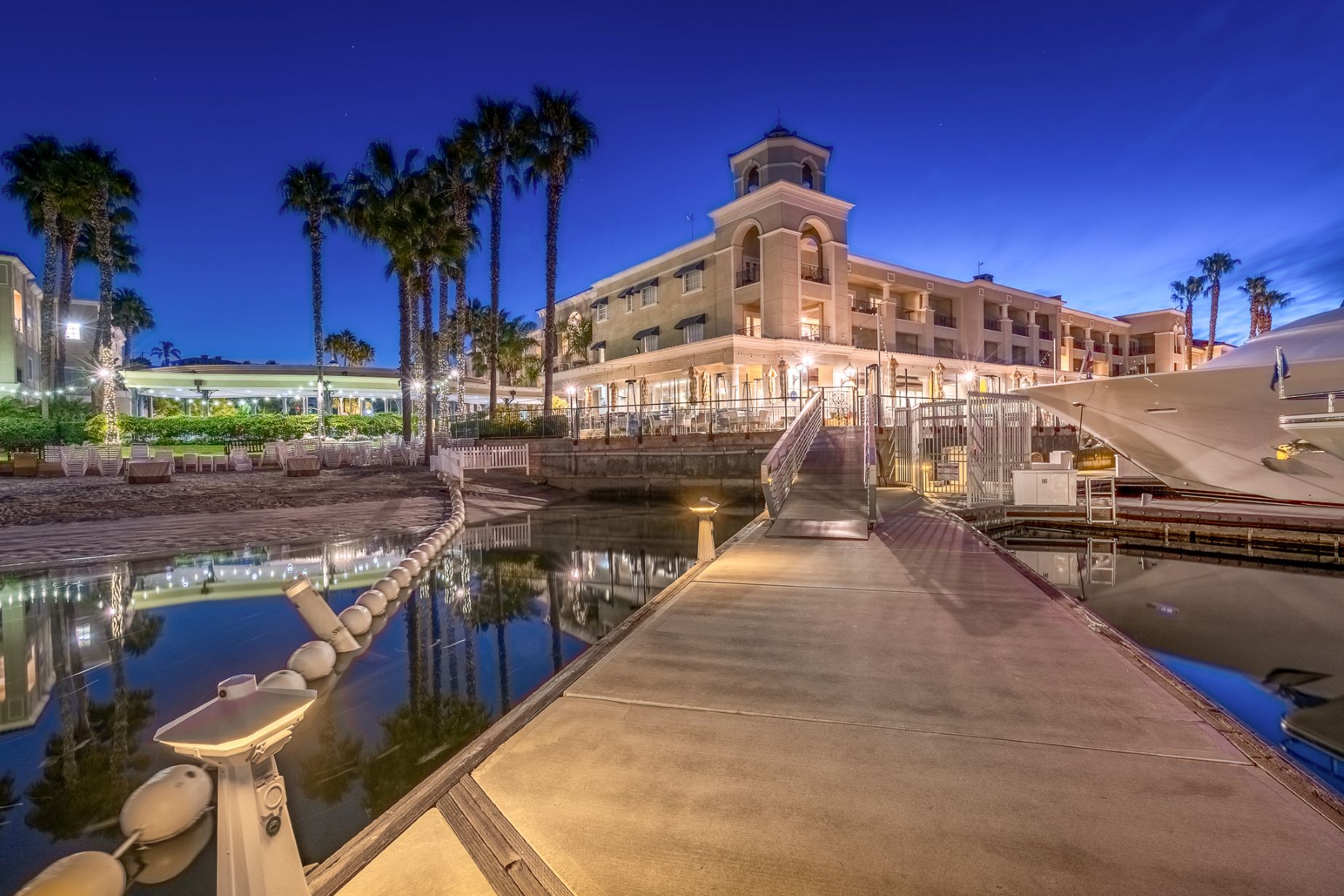 AN image of the harbor and exterior of Balboa Bay Resort.