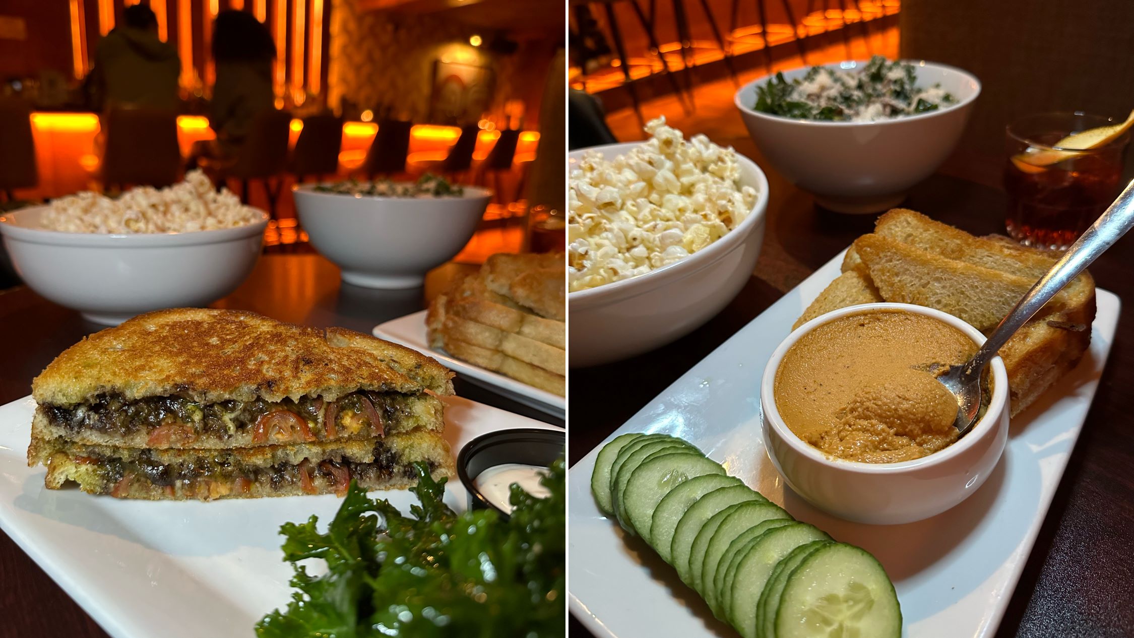 An image of the food at Blind Barber Highland Park: grilled cheese, robust hummus, savory truffle popcorn, and hearty salads.
