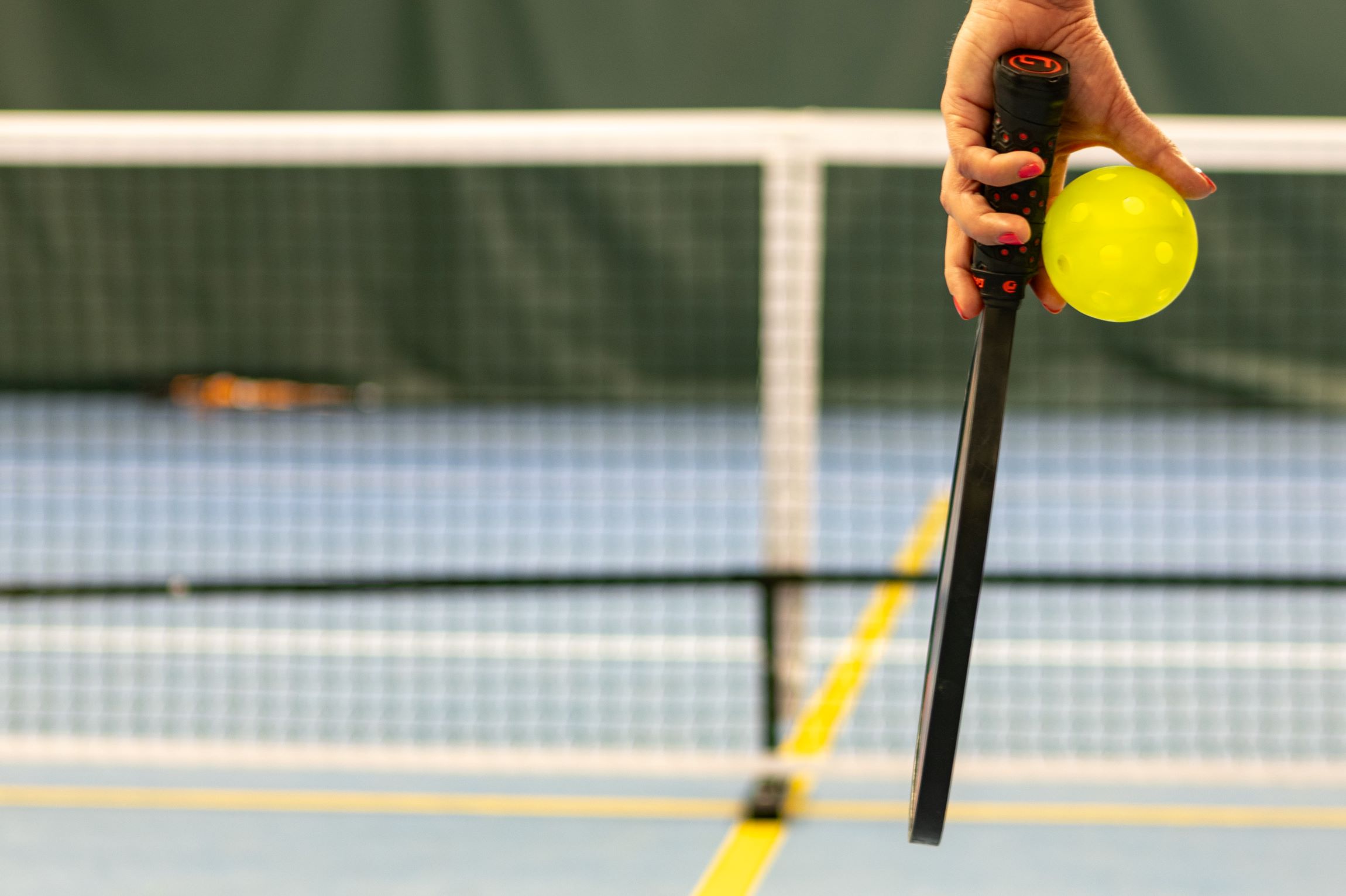 An image of a hand holding a pickleball racquet and ball.