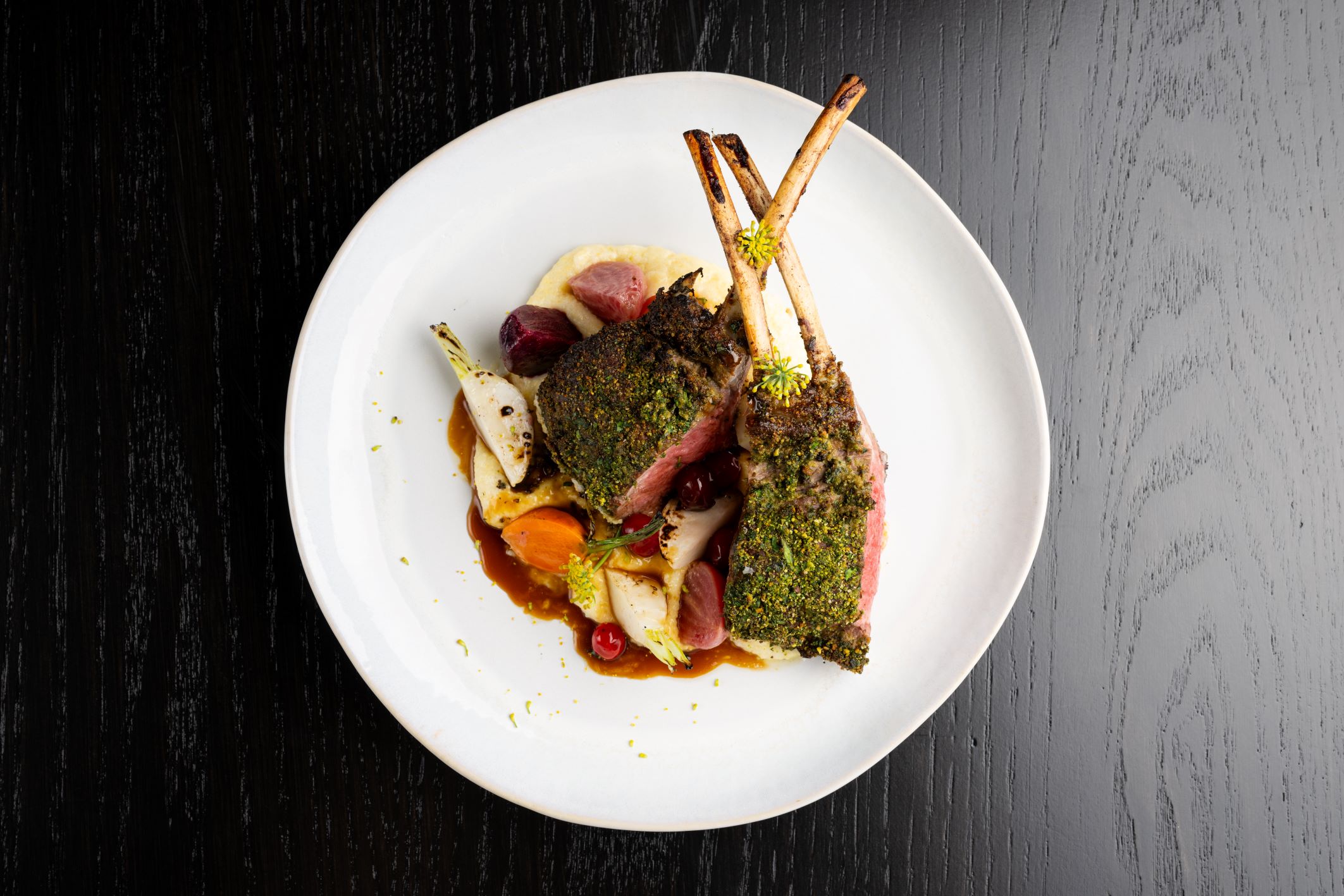 An image of Terrazza's Rack of Lamb representing Christmas dining in Los Angeles.
