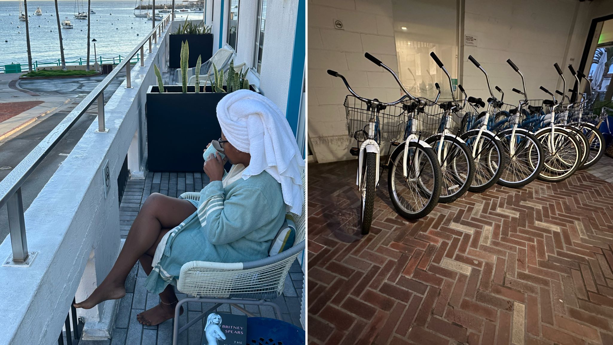 An image of Ariel sipping coffee on the balcony of the Bellanca Hotel, next to a photo of the complimentary bikes.