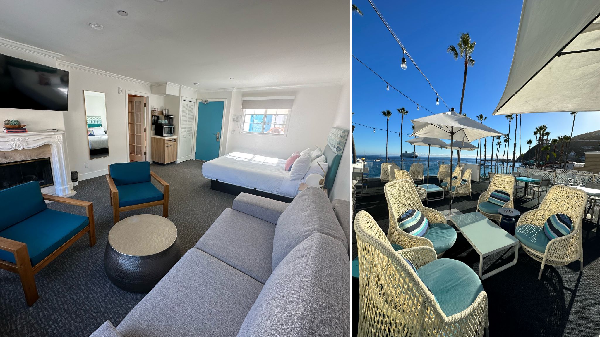 An image of a Bellanca Hotel room and the Bellanca rooftop lounge.