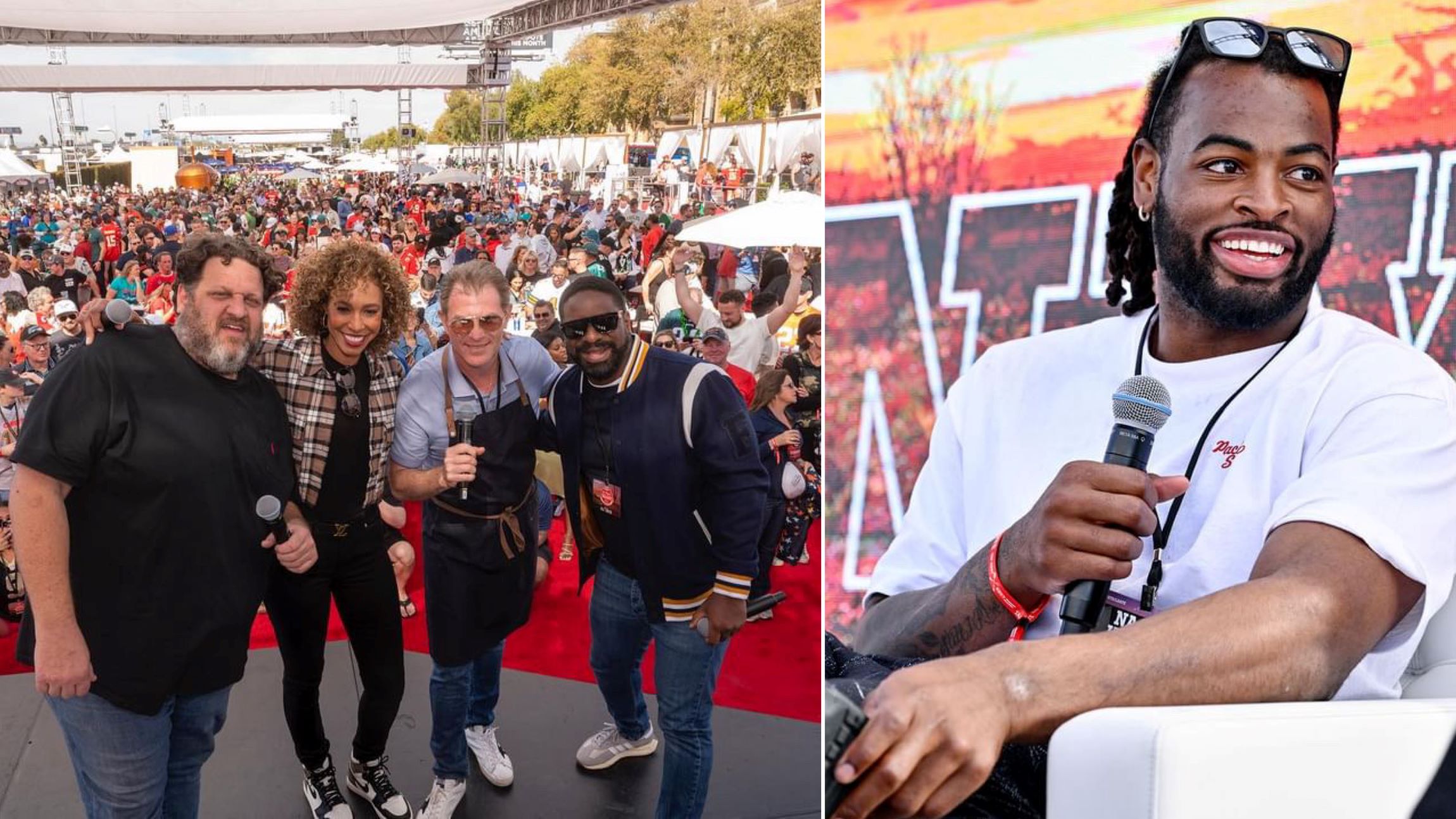 Two images, on the left is Bobby Flay with three others, and on the right is Najee Harris. Both are from the Bullseye Event Group Player's Tailgate. This year's Chiefs 49ers Players Tailgate will be bigger and better!
