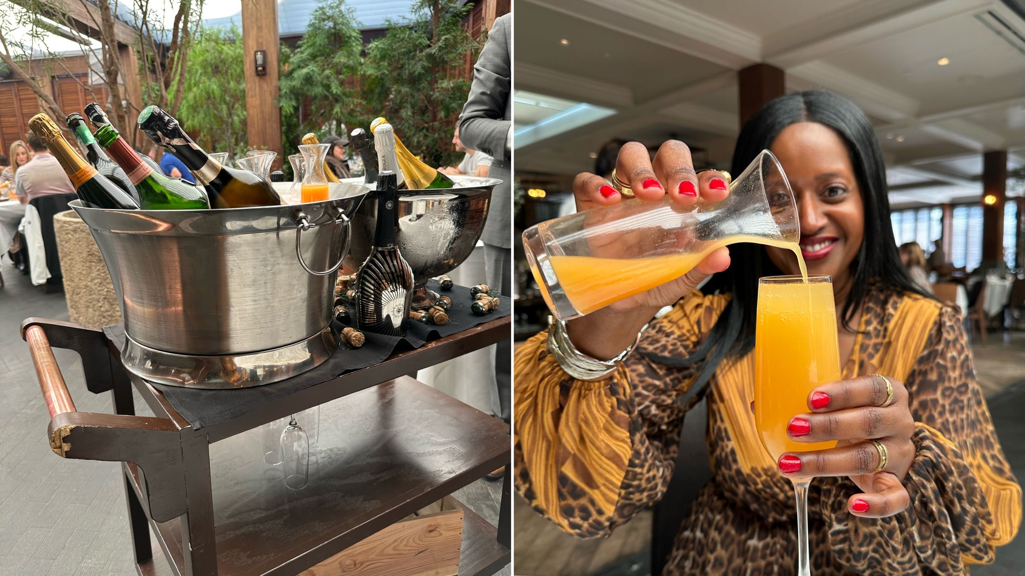 An image of a champagne cart and lifestyle blogger Ariel pouring a Mimosa at a Sunday brunch near me.