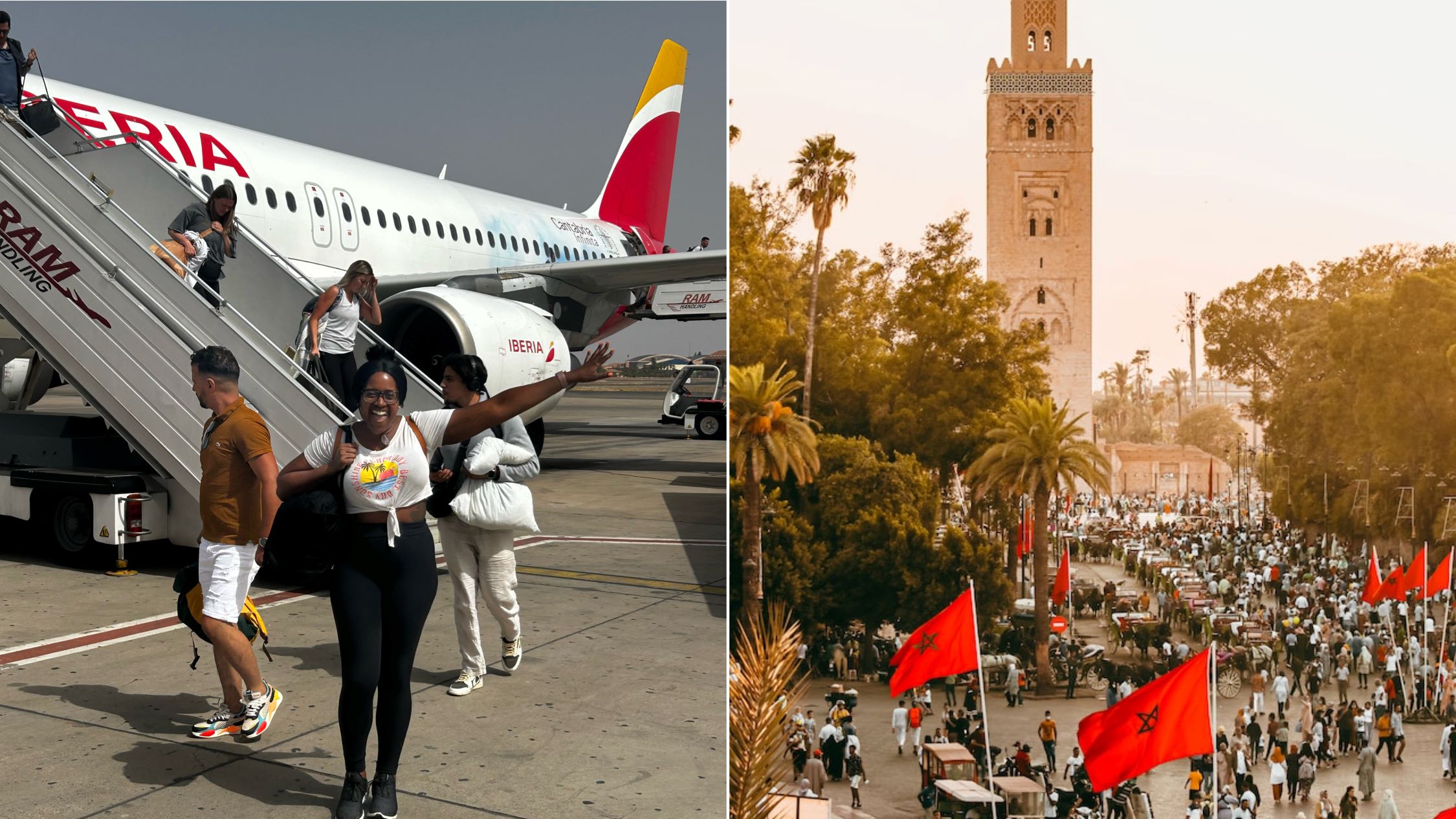 Two images of my Morocco vacation. On the left is a woman standing outside a plane that just landed in Morocco and on the right is the Marrakech Medina with Moroccan flags.