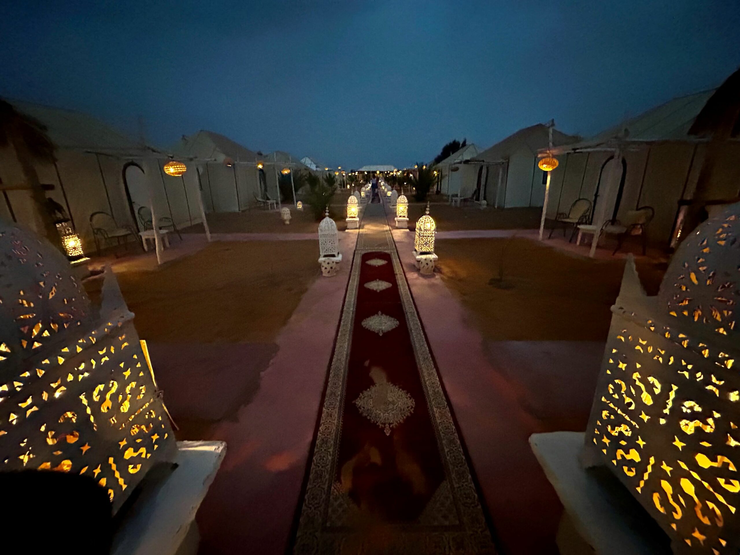 An image of our Merzouga glamping campsite that we arrived at from our camel ride.