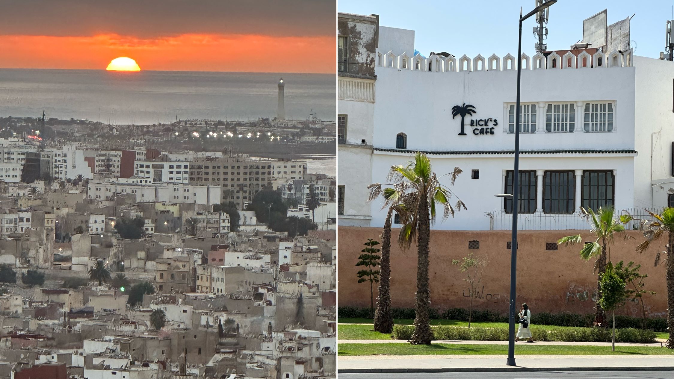 Two images from my Morocco vacation: on the left is a rooftop view of Casablanca with a beautiful sunset in the background. On the right, is the exterior of Rick's Cafe, named after the spot from the movie.