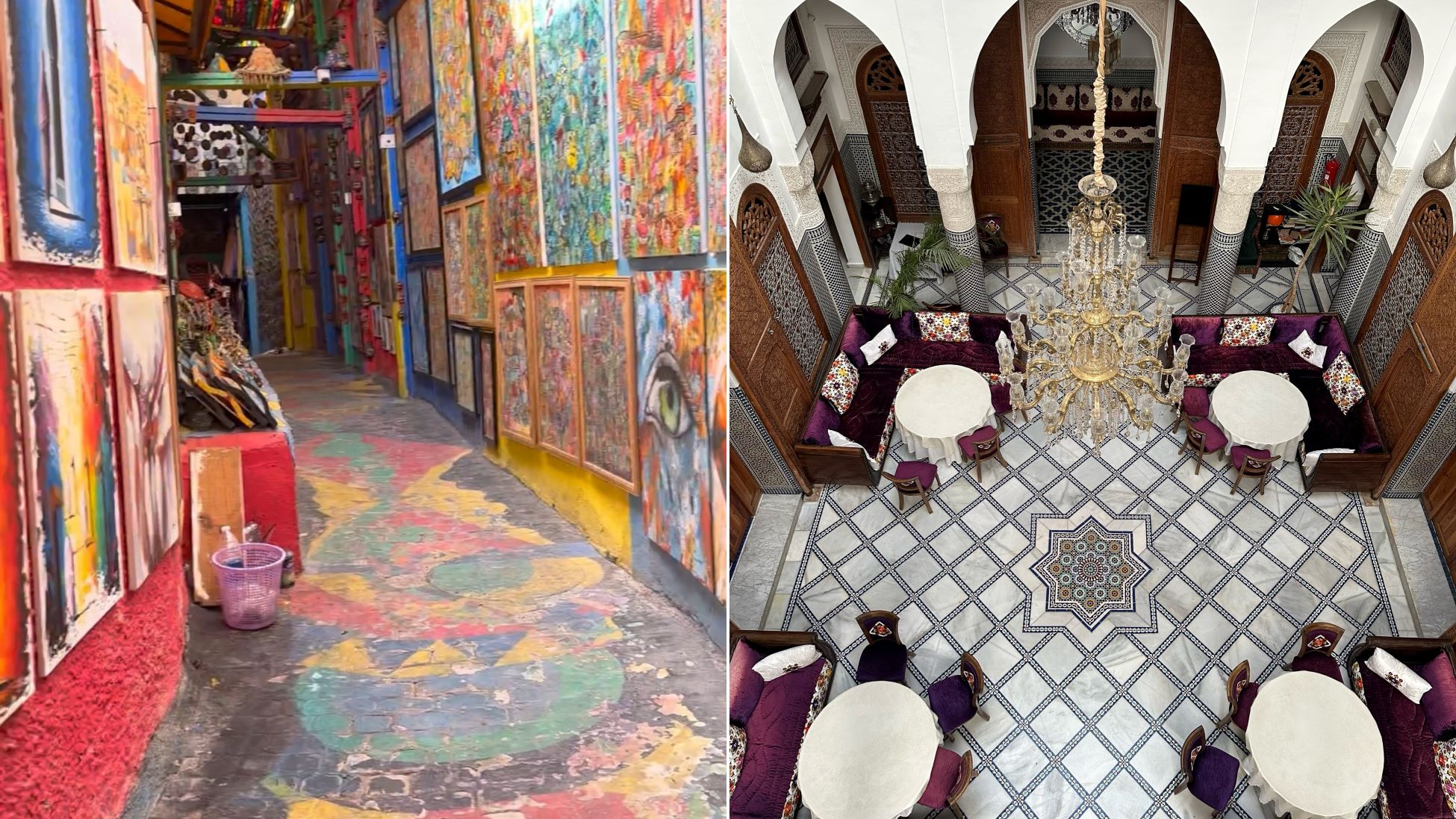 An image split into two. On the left is an art walk and on the right is a birdeye view of a Riad.