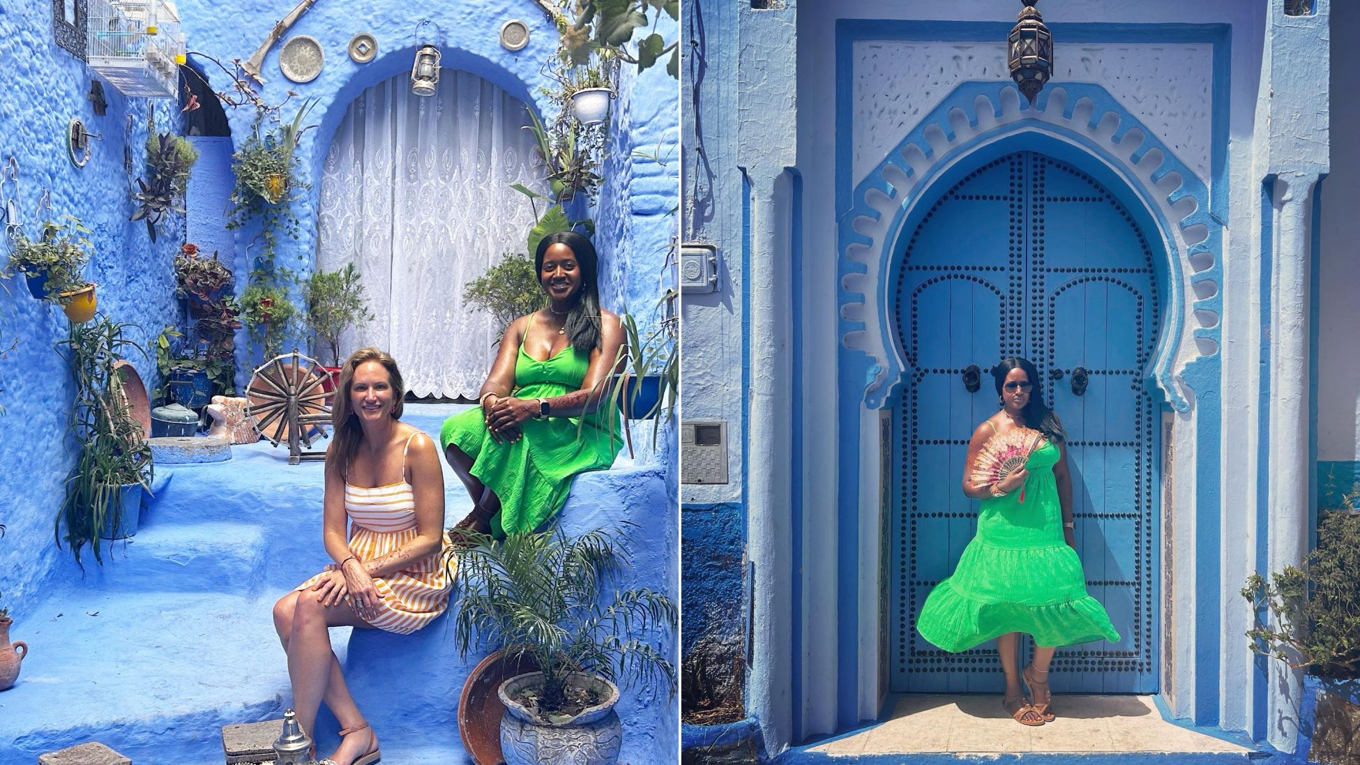 Two images from my Morocco vacation: On the left two women are sitting in an area all covered in blue, and on the right a woman in a green dress is standing in a beautiful blue archway.