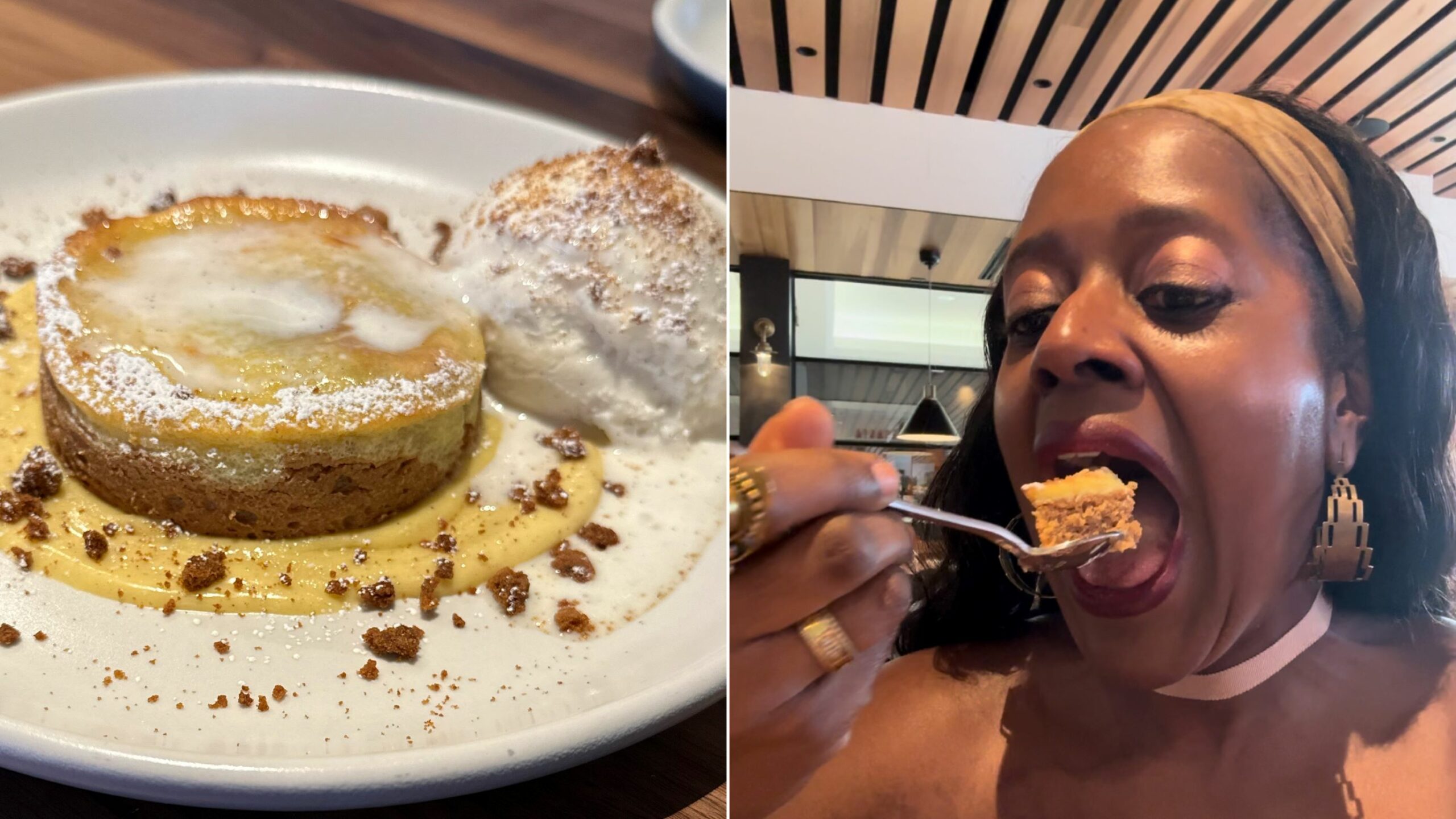 Two images from the new North Italia at Westfield Topanga, one is the seasonal butter cake and the other is a woman eating the seasonal butter cake.