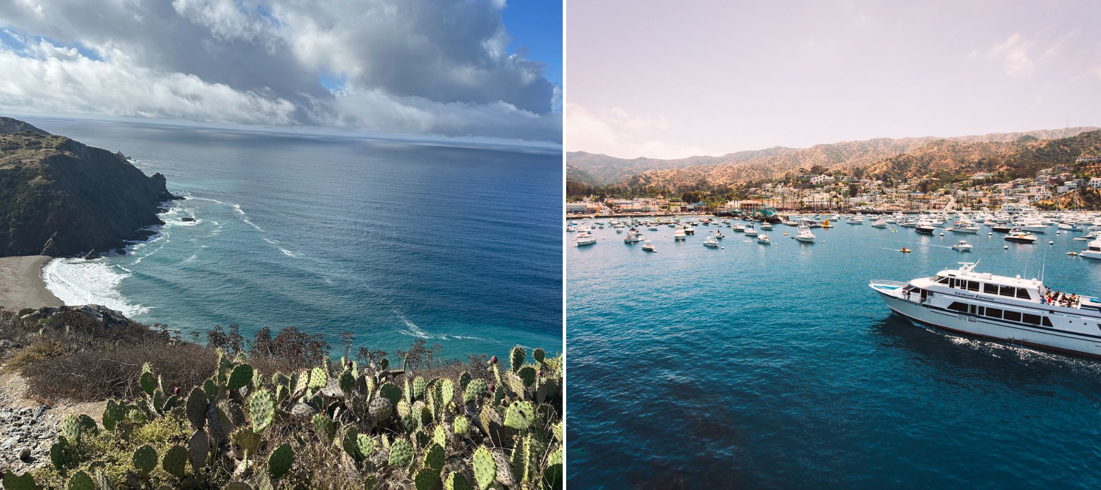 An image of two pictures, one is Catalina Island, and one is the Catalina Express in the marina.