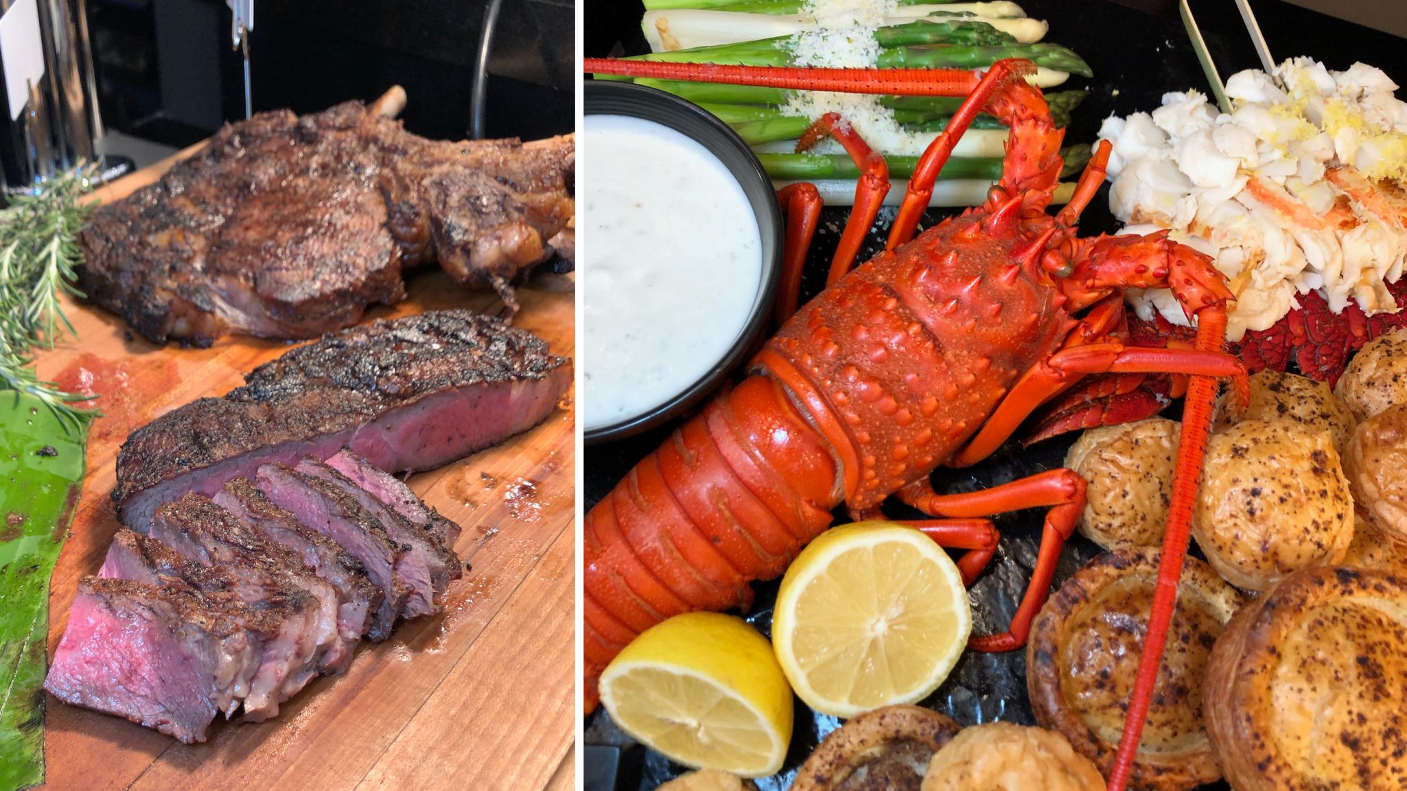 An image of two items, the tender 42-ounce Fire-Roasted Tomahawk Steaks, and succulent Catalina Spiny Lobster.