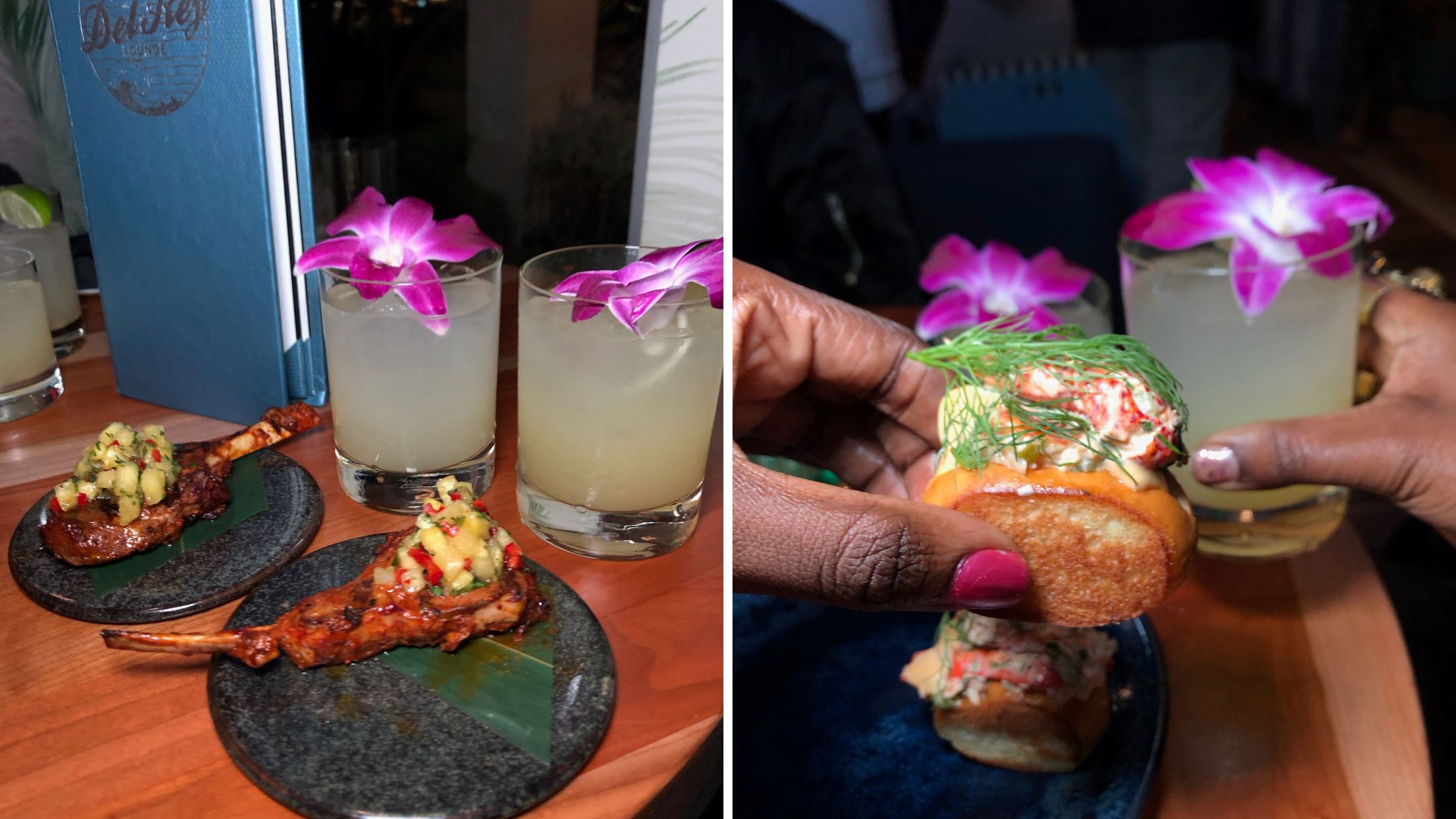 An image with two photos, one of the Grilled Pastor Lamb Chops (l) and Maine Lobster Rolls (r). The food was from the Santo Tequila tasting event with Guy Fieri.