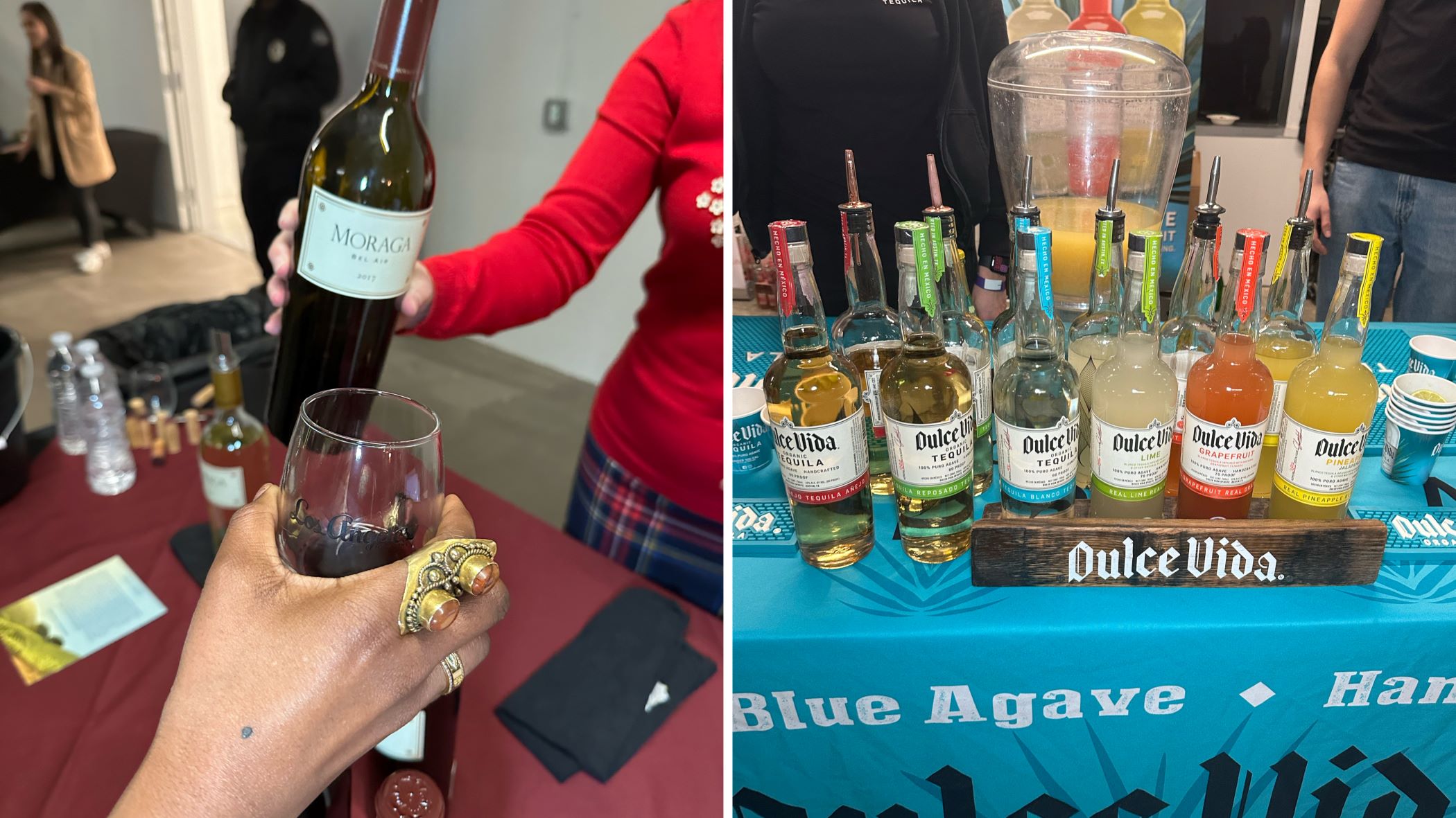 An image of a glass of wine being poured and the other image is a table of Dulce Vida cocktails.