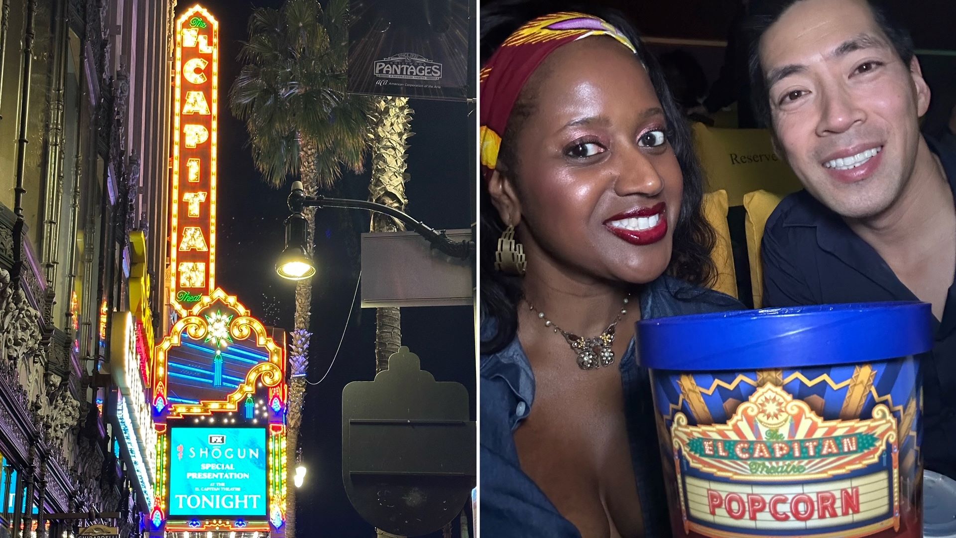 An image with two pictures, one is the Hollywood El Capitan Theatre and one is lifestyle blogger Ariel Johns posing in the theatre with a tub of popcorn.